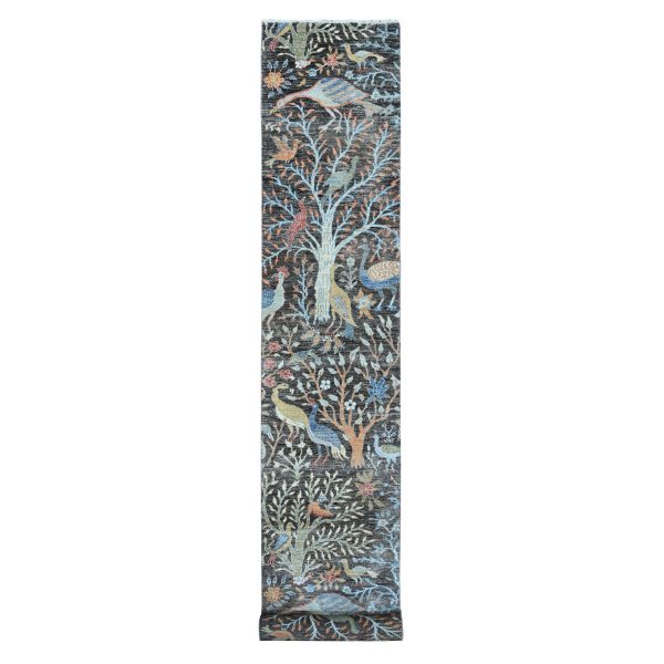 2'6"x17'9" Graphite Gray, Afghan Peshawar Hand Knotted Organic Wool, Birds of Paradise Design, Natural Dyes, XL Runner Oriental Rug HR89709