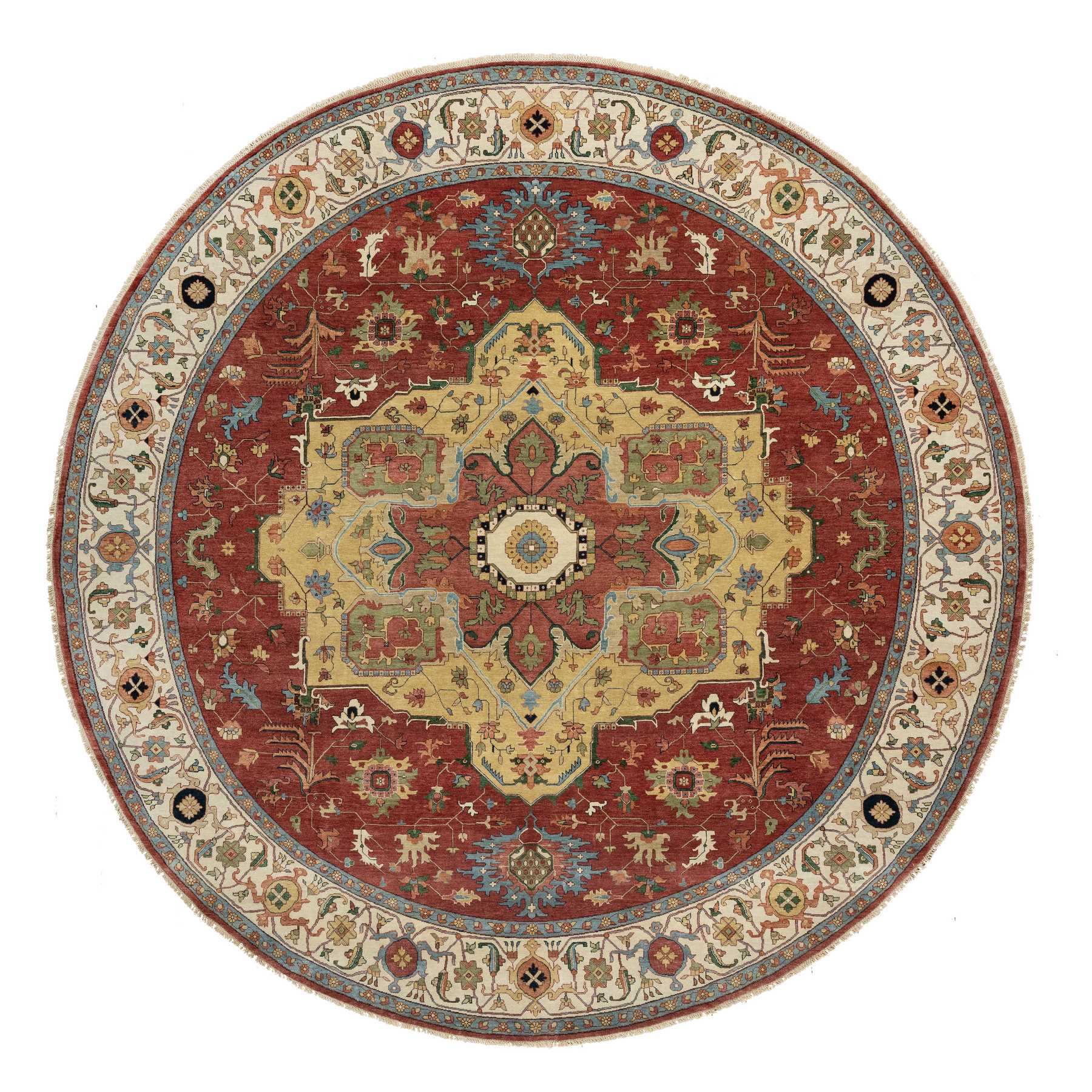 12'x12' Carmine Red, Antiqued Fine Heriz Re-Creation with Center Medallion Design, Hand Knotted, Hand Spun New Zealand Wool, Densely Woven, Round, Oriental Rug HR90740
