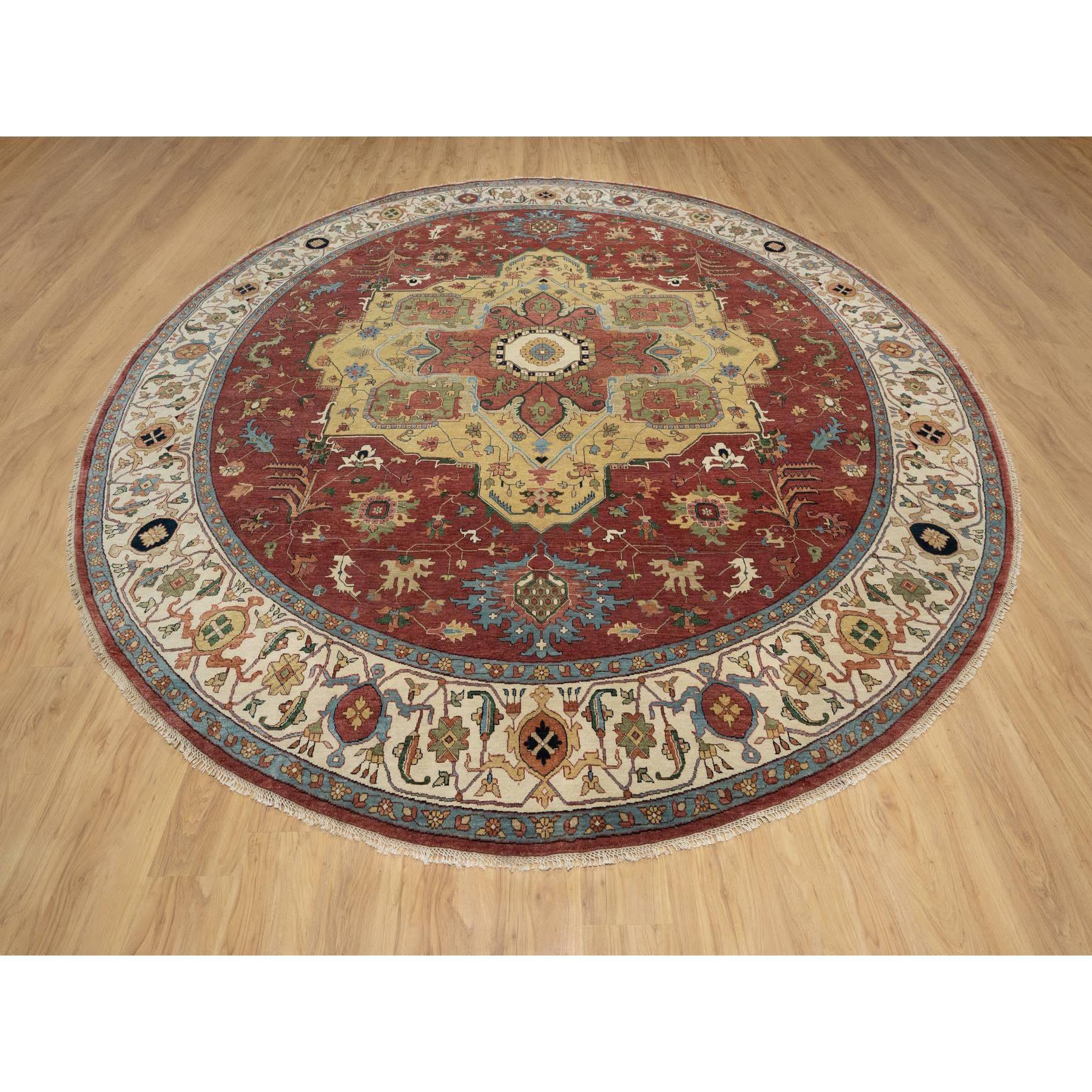 12'x12' Carmine Red, Antiqued Fine Heriz Re-Creation with Center Medallion Design, Hand Knotted, Hand Spun New Zealand Wool, Densely Woven, Round, Oriental Rug HR90740 - Image 2