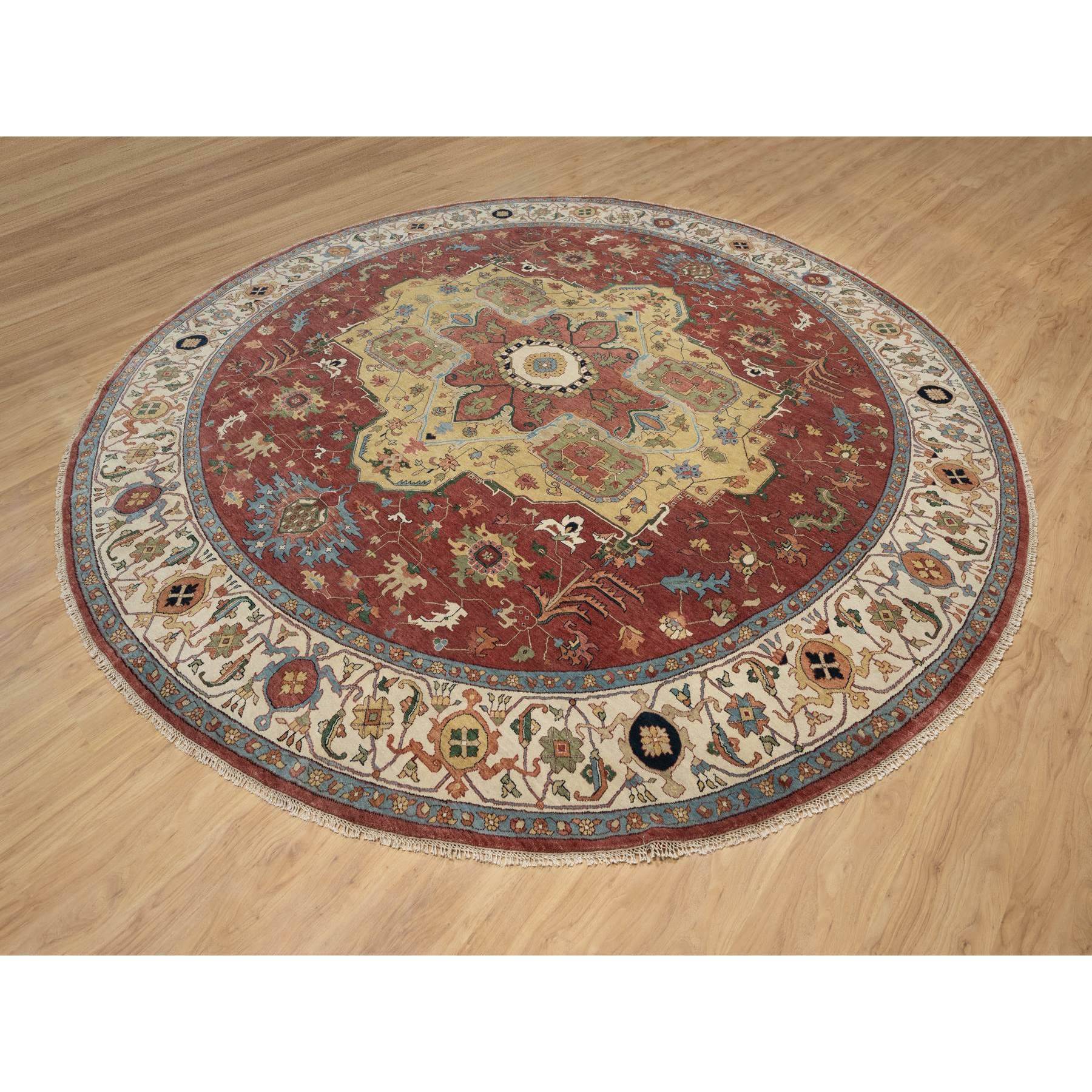 12'x12' Carmine Red, Antiqued Fine Heriz Re-Creation with Center Medallion Design, Hand Knotted, Hand Spun New Zealand Wool, Densely Woven, Round, Oriental Rug HR90740 - Image 3