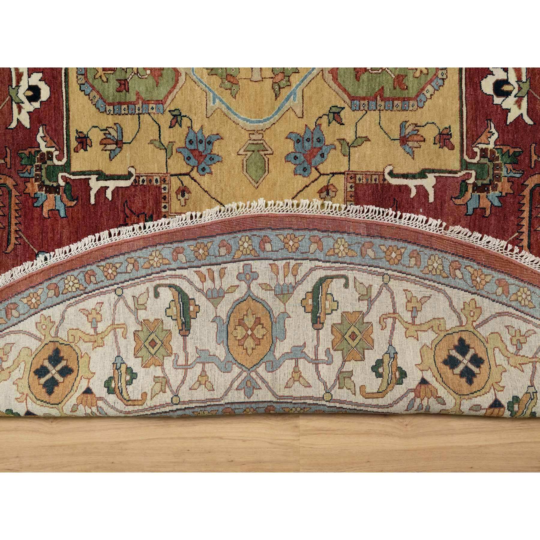 12'x12' Carmine Red, Antiqued Fine Heriz Re-Creation with Center Medallion Design, Hand Knotted, Hand Spun New Zealand Wool, Densely Woven, Round, Oriental Rug HR90740 - Image 4