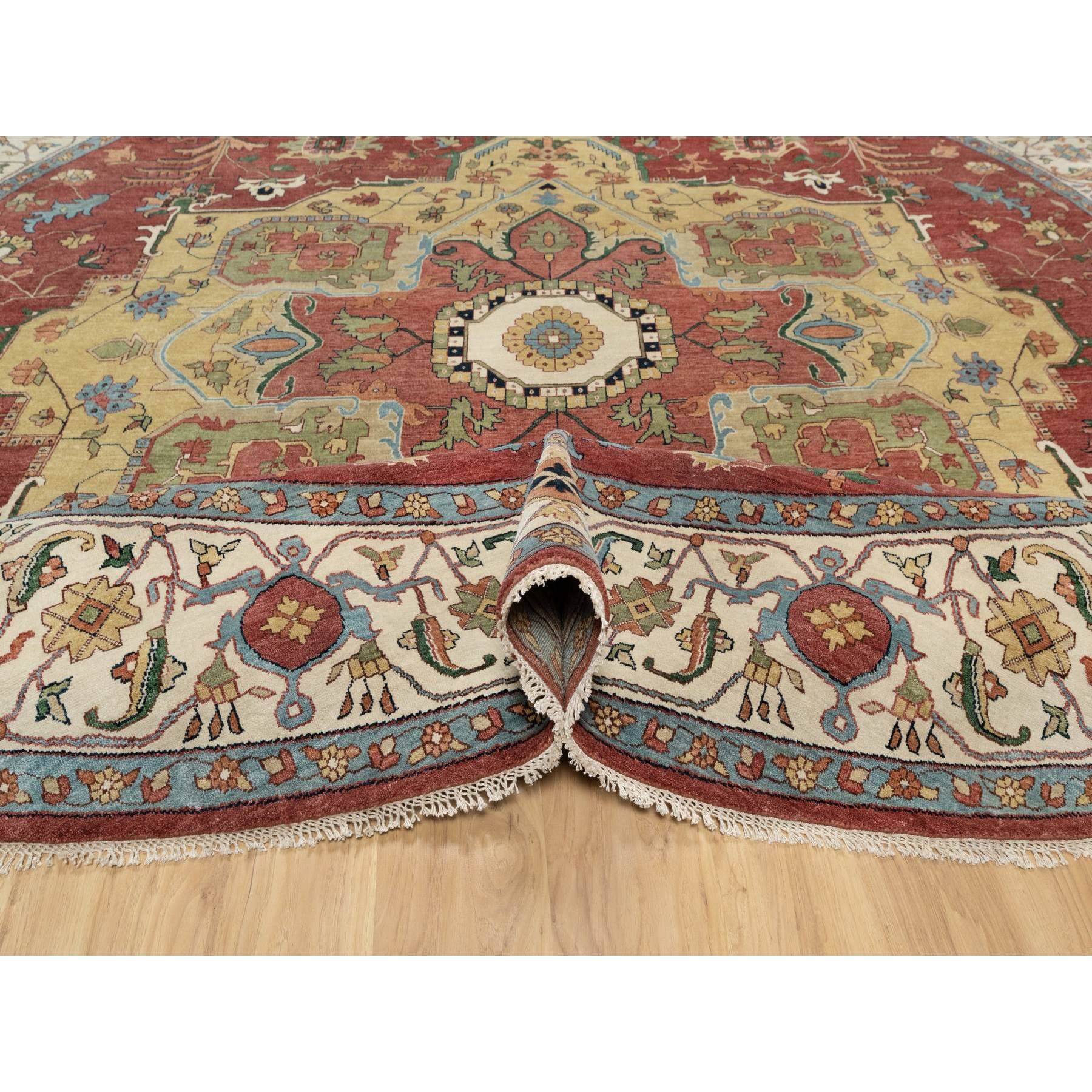 12'x12' Carmine Red, Antiqued Fine Heriz Re-Creation with Center Medallion Design, Hand Knotted, Hand Spun New Zealand Wool, Densely Woven, Round, Oriental Rug HR90740 - Image 5
