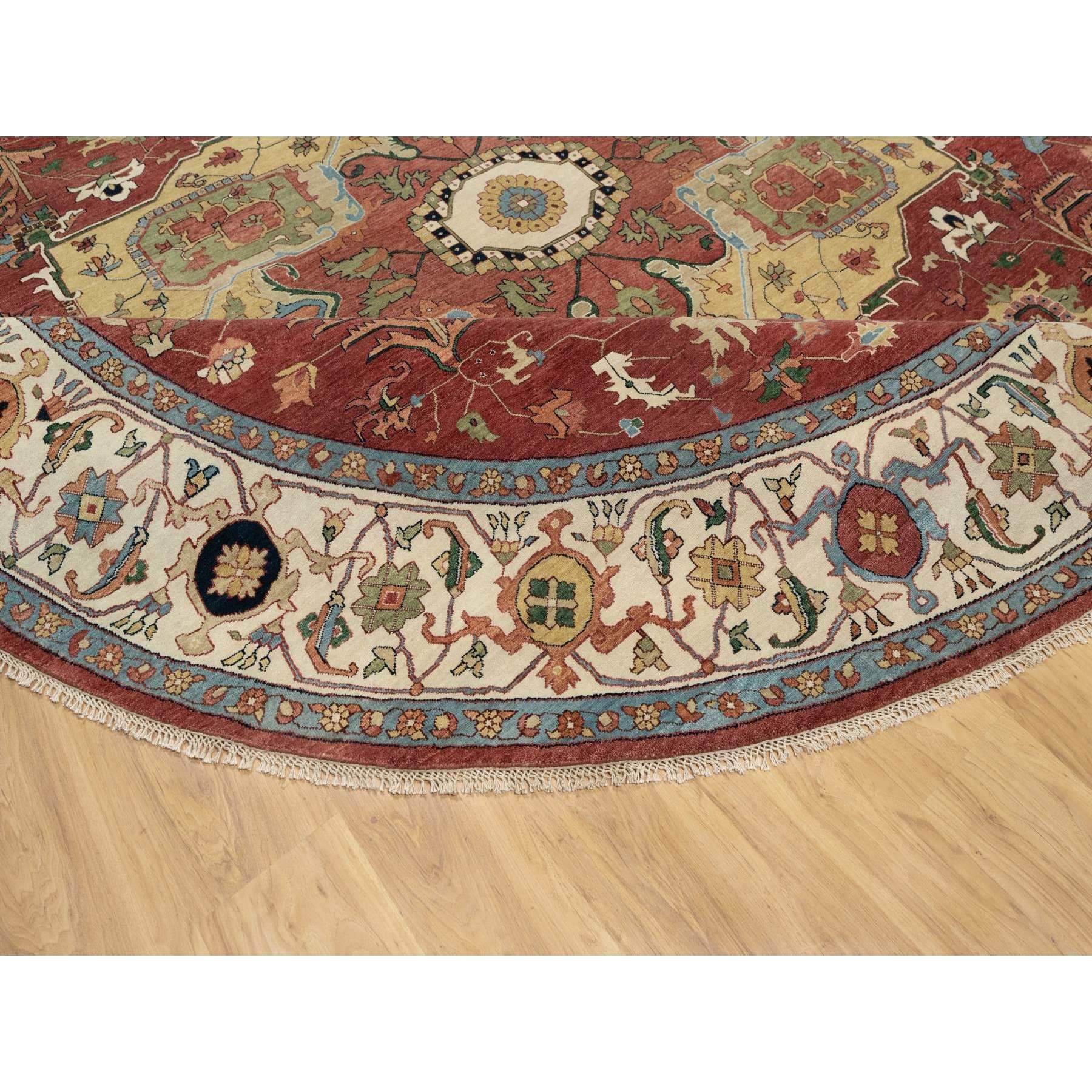 12'x12' Carmine Red, Antiqued Fine Heriz Re-Creation with Center Medallion Design, Hand Knotted, Hand Spun New Zealand Wool, Densely Woven, Round, Oriental Rug HR90740 - Image 6