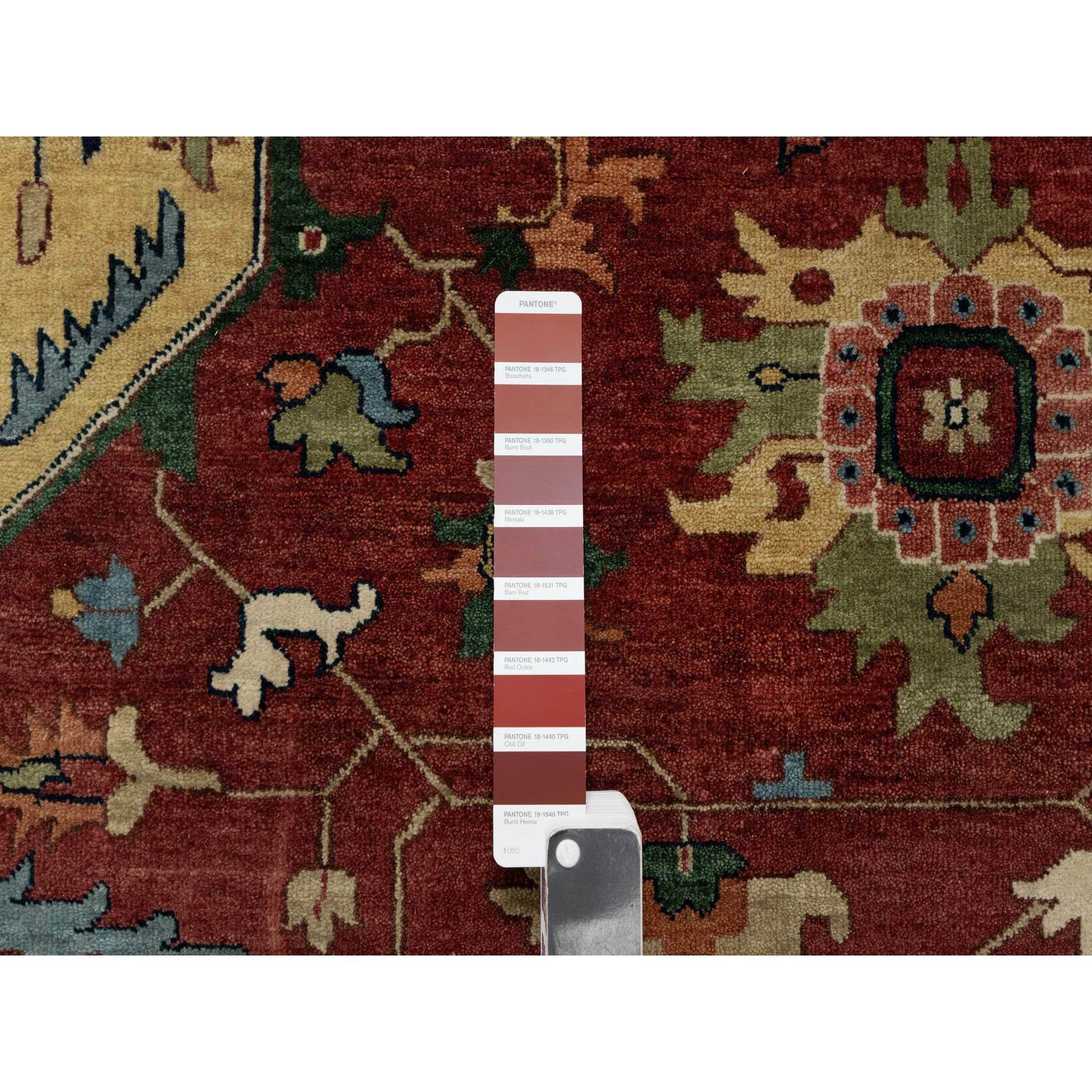 12'x12' Carmine Red, Antiqued Fine Heriz Re-Creation with Center Medallion Design, Hand Knotted, Hand Spun New Zealand Wool, Densely Woven, Round, Oriental Rug HR90740 - Image 7