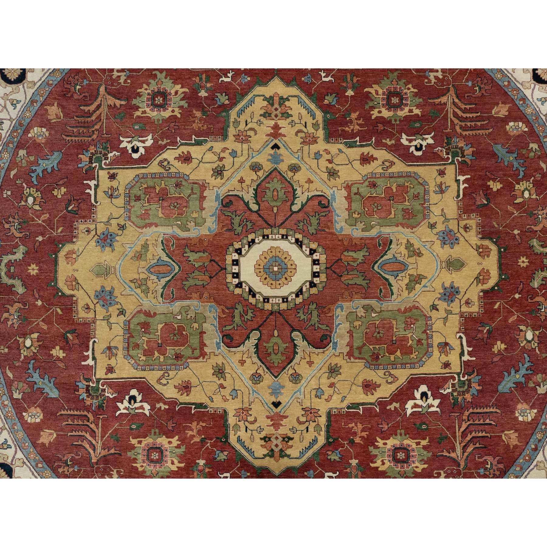12'x12' Carmine Red, Antiqued Fine Heriz Re-Creation with Center Medallion Design, Hand Knotted, Hand Spun New Zealand Wool, Densely Woven, Round, Oriental Rug HR90740 - Image 8
