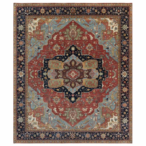 13'9"x16'2" Crimson Red, Antiqued Fine Heriz Re-Creation with Large Medallion Design, Denser Weave, Hand Knotted, Natural Dyes, Hand Spun New Zealand Wool, Oriental, Oversized Rug HR90744