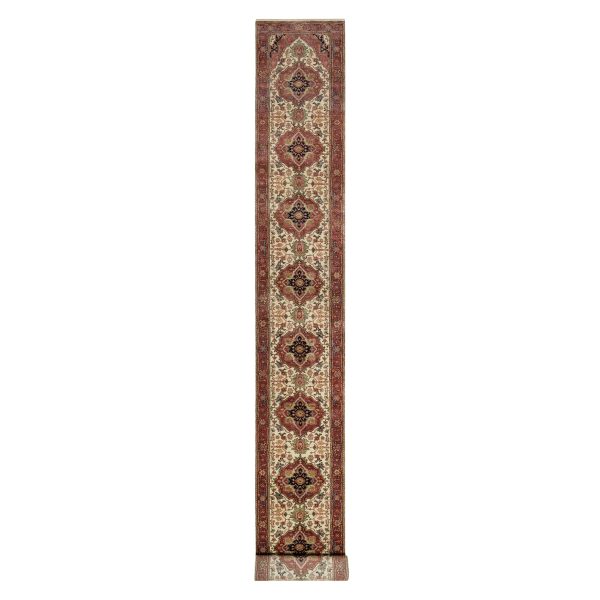 2'7"x25'5" Pearl White and Crimson Red, Hand Knotted, Antiqued Fine Heriz Re-Creation with Geometric Medallions Design, Hand Spun New Zealand Wool, Denser Weave, XL Runner, Oriental Rug HR90751