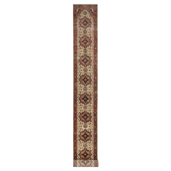 2'7"x21'10" Chiffon Ivory, Antiqued Fine Heriz Re-Creation with Geometric Medallions Design, Hand Knotted, Hand Spun New Zealand Wool, Natural Dyes, XL Runner, Oriental Rug HR90752