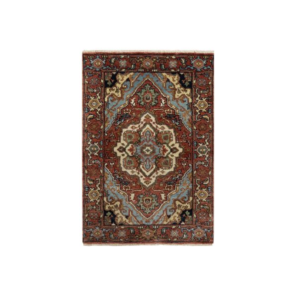 2'x3'2" Carmine Red, Antiqued Fine Heriz Re-Creation, Hand Spun New Zealand Wool, Hand Knotted, Denser Weave, Natural Dyes, Mat, Oriental Rug HR90755