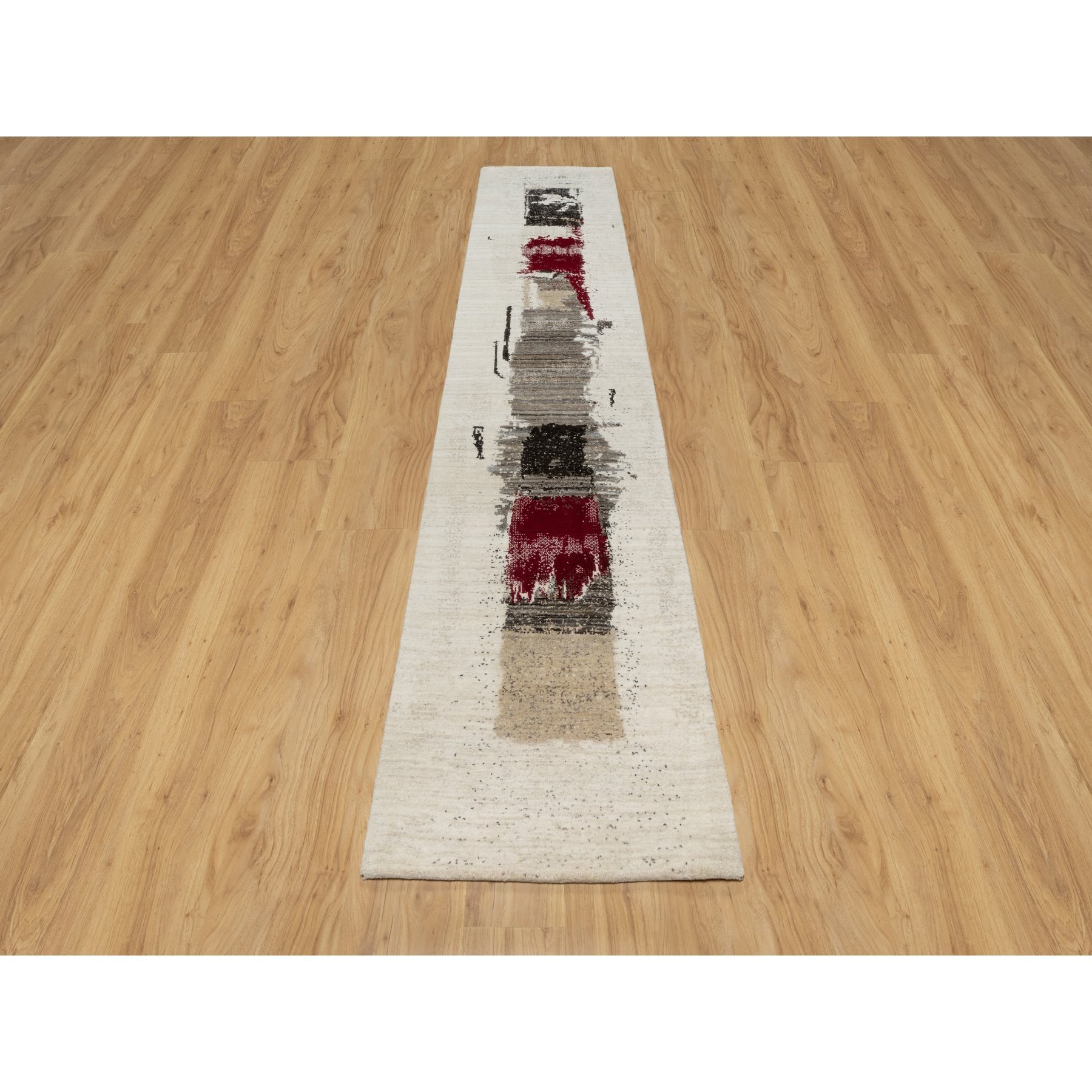 2'6"x11'7" Parchment White, Lori Buft Gabbeh with Avant Garde Design, Soft Pile, Thick and Plush, Pure Wool, Hand Knotted, Runner, Oriental Rug HR90760 - Image 2