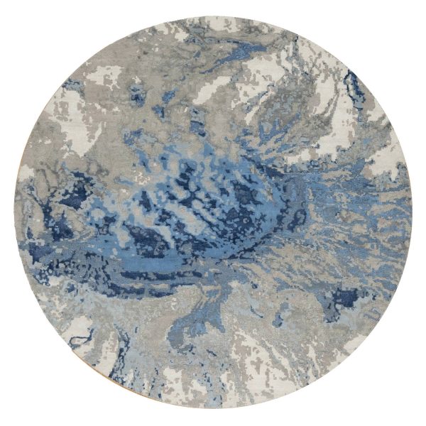 7'9"x7'9" Indigo Blue with Goose Gray, Abstract Galaxy Design with Hi and low Pile, Hand Knotted, Wool and Silk, Round Oriental Rug HR90801