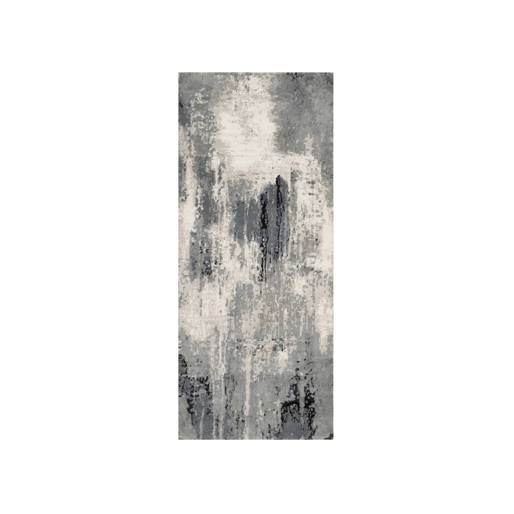 2'7"x6'4" Sable Black with Parchment White, Abstract Design, Wool and Silk, Hand Knotted, Soft to Touch, Runner Oriental Rug HR90811