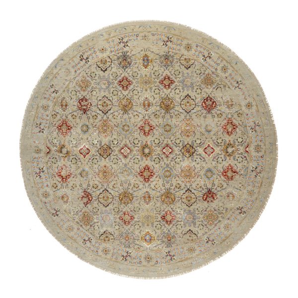 11'10"x11'10" Biscoti Beige, Hand Knotted, The Sunset Rosettes, Wool and Pure Silk, Soft Colors, Round, Oriental Rug HR90813