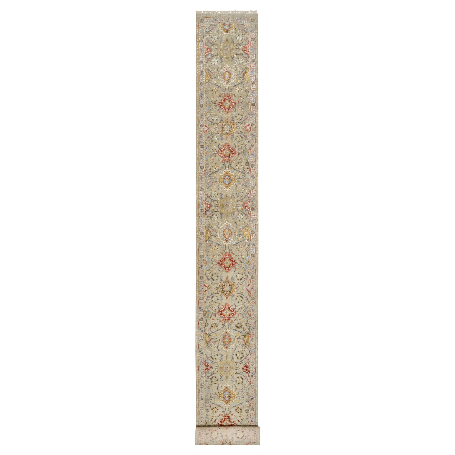 2'5"x22' Biscoti Beige, The Sunset Rosettes, Wool and Pure Silk, Hand Knotted, Soft Colors, XL Runner, Oriental Rug HR90814