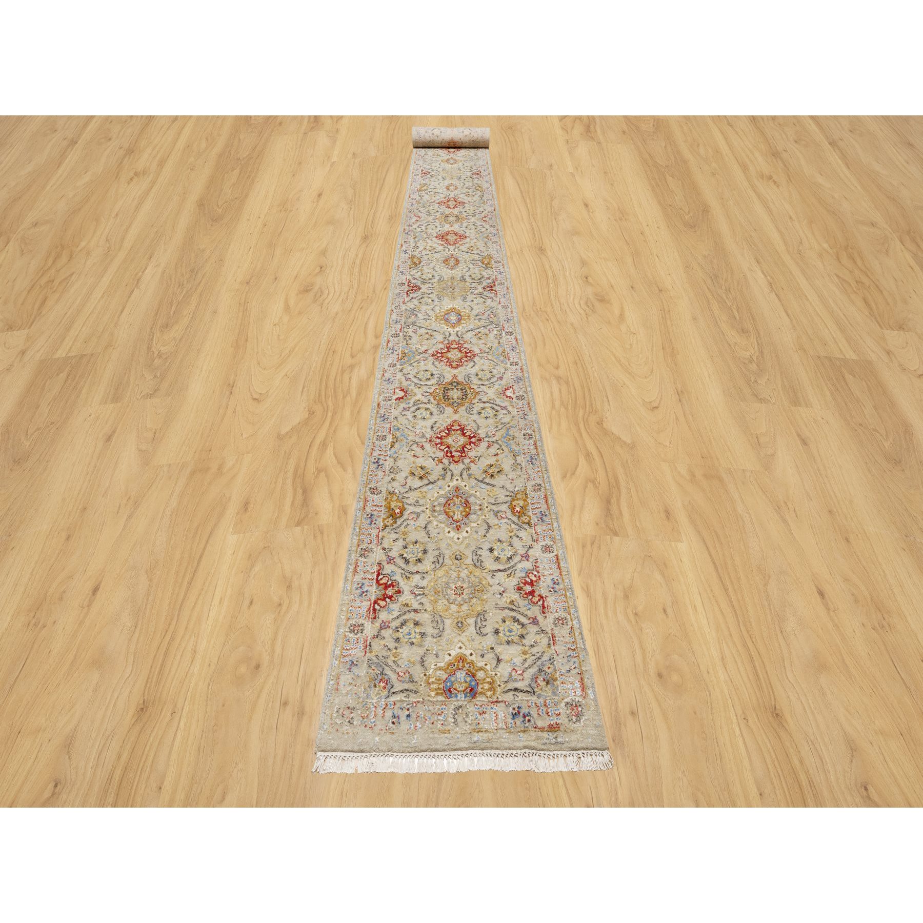 2'5"x22' Biscoti Beige, The Sunset Rosettes, Wool and Pure Silk, Hand Knotted, Soft Colors, XL Runner, Oriental Rug HR90814 - Image 2