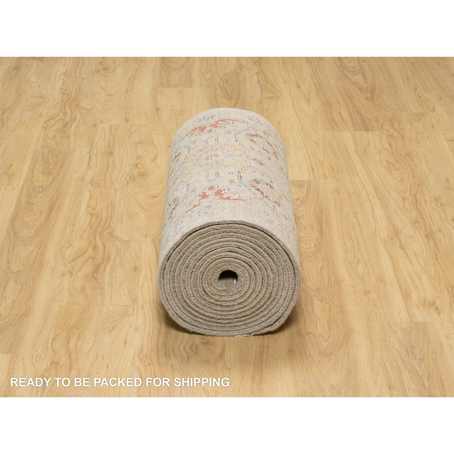 2'5"x22' Biscoti Beige, The Sunset Rosettes, Wool and Pure Silk, Hand Knotted, Soft Colors, XL Runner, Oriental Rug HR90814 - Image 6