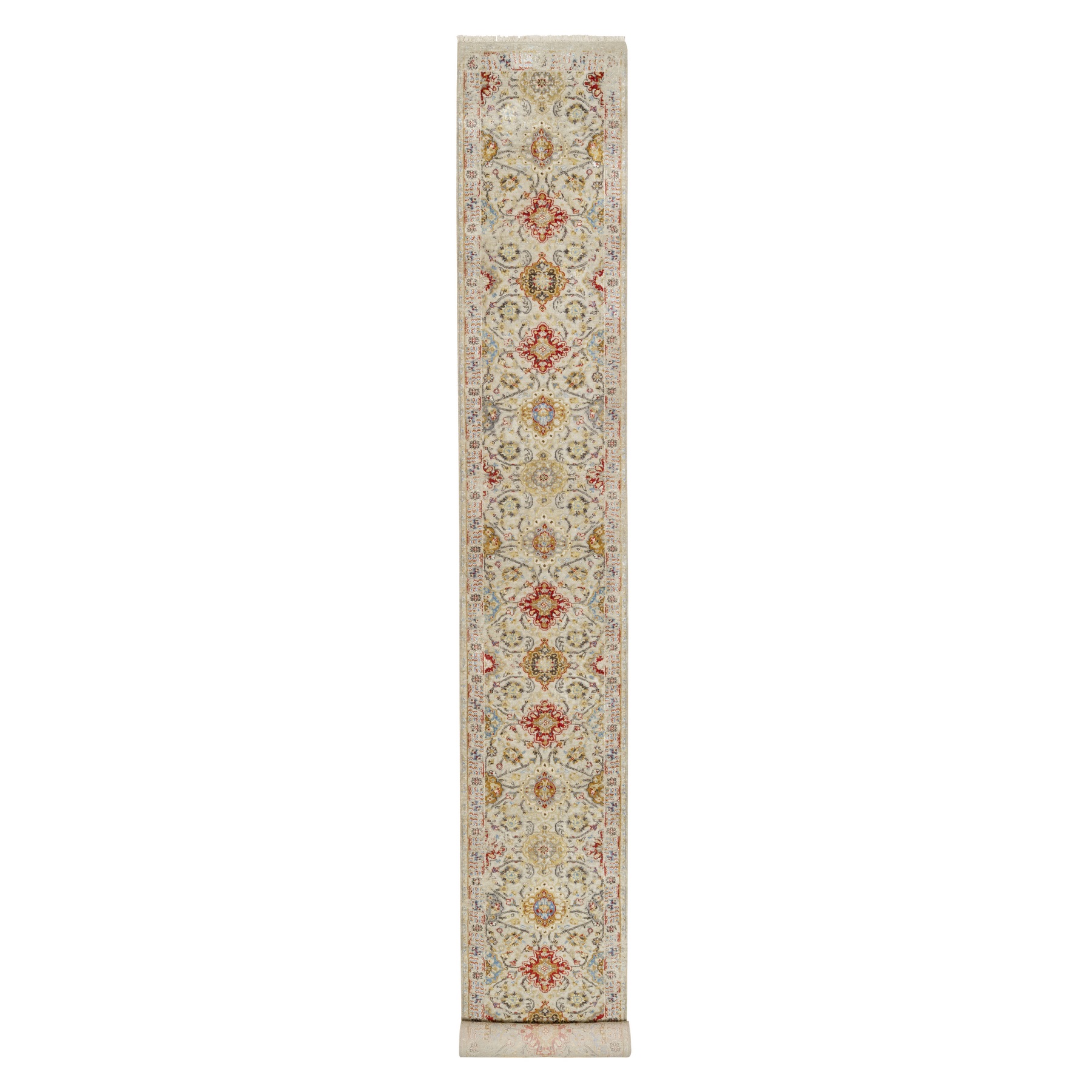 2'9"x20' Biscoti Beige, Hand Knotted, Soft Colors, The Sunset Rosettes, Wool and Pure Silk, XL Runner, Oriental Rug HR90816