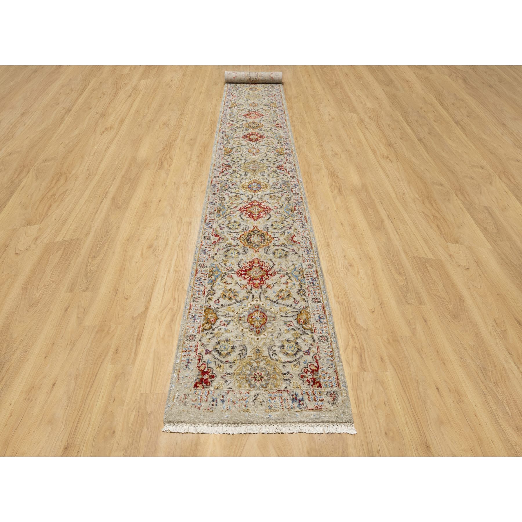 2'9"x20' Biscoti Beige, Hand Knotted, Soft Colors, The Sunset Rosettes, Wool and Pure Silk, XL Runner, Oriental Rug HR90816 - Image 2