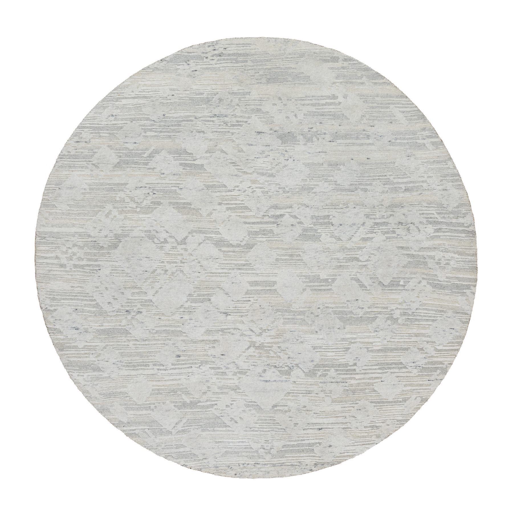 6'x6' Platinum Gray, Cut and Loop Pile, Hand Spun, Modern, Undyed Natural Wool, Hand Knotted, Round, Oriental Rug HR90839