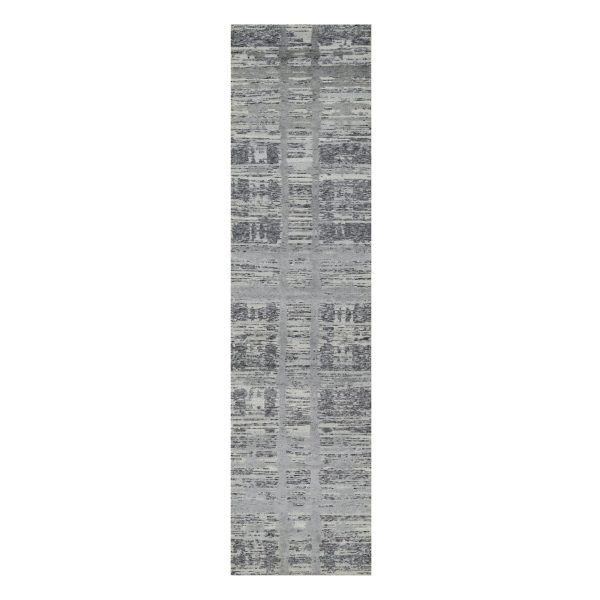 2'6"x10' Ash Gray, Hand Spun, Undyed Natural Wool, Modern Design, Hand Knotted, Runner, Oriental Rug HR90843