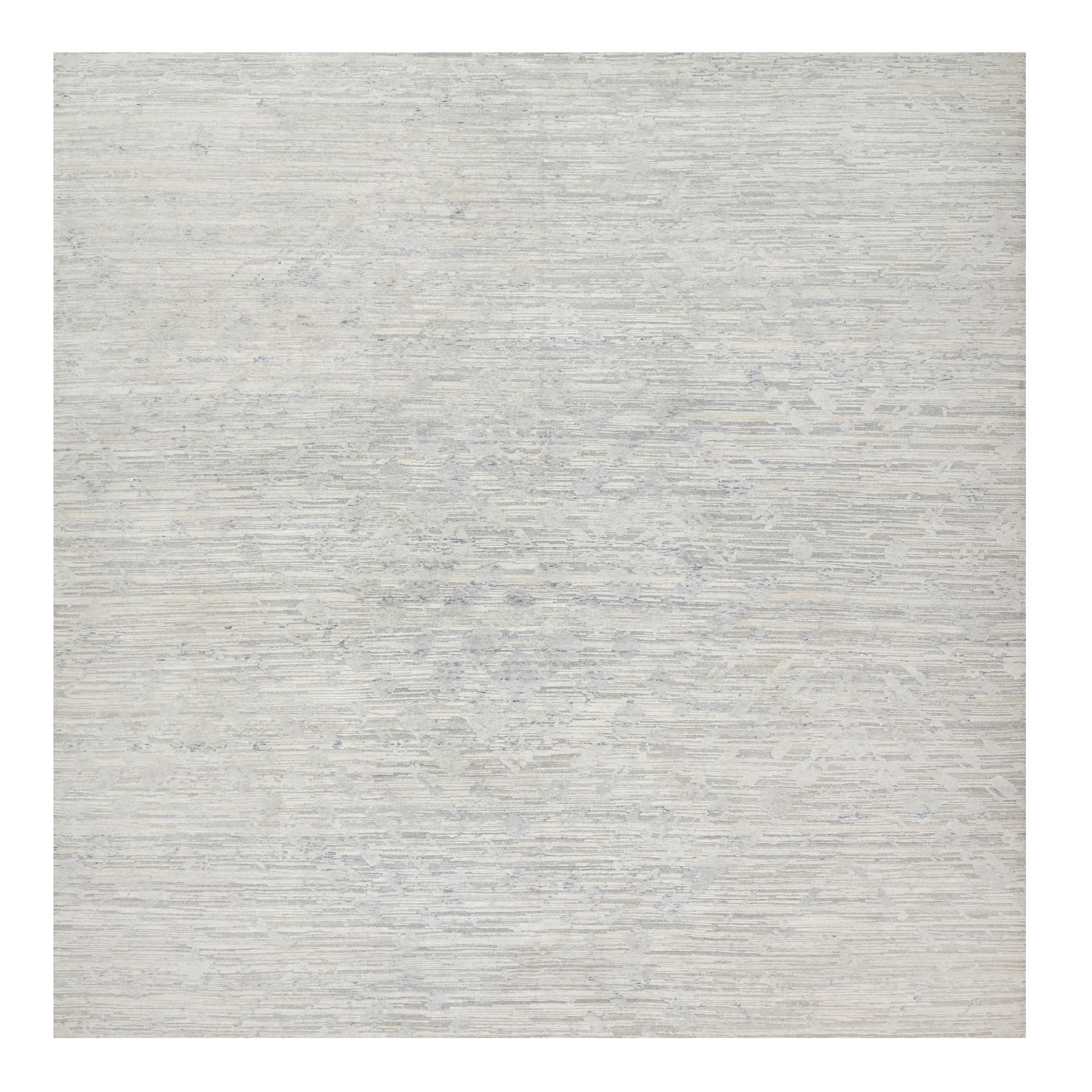 12'1"x12'1" Platinum Gray, Modern Design, Hand Spun, Undyed Natural Wool, Cut and Loop Pile, Hand Knotted, Square, Oriental Rug HR90850