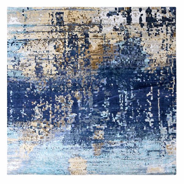9'10"x9'10" Aegean Blue with Beige, Mosaic Design, Wool and Silk, Hand Knotted, Square, Oriental Rug HR10005