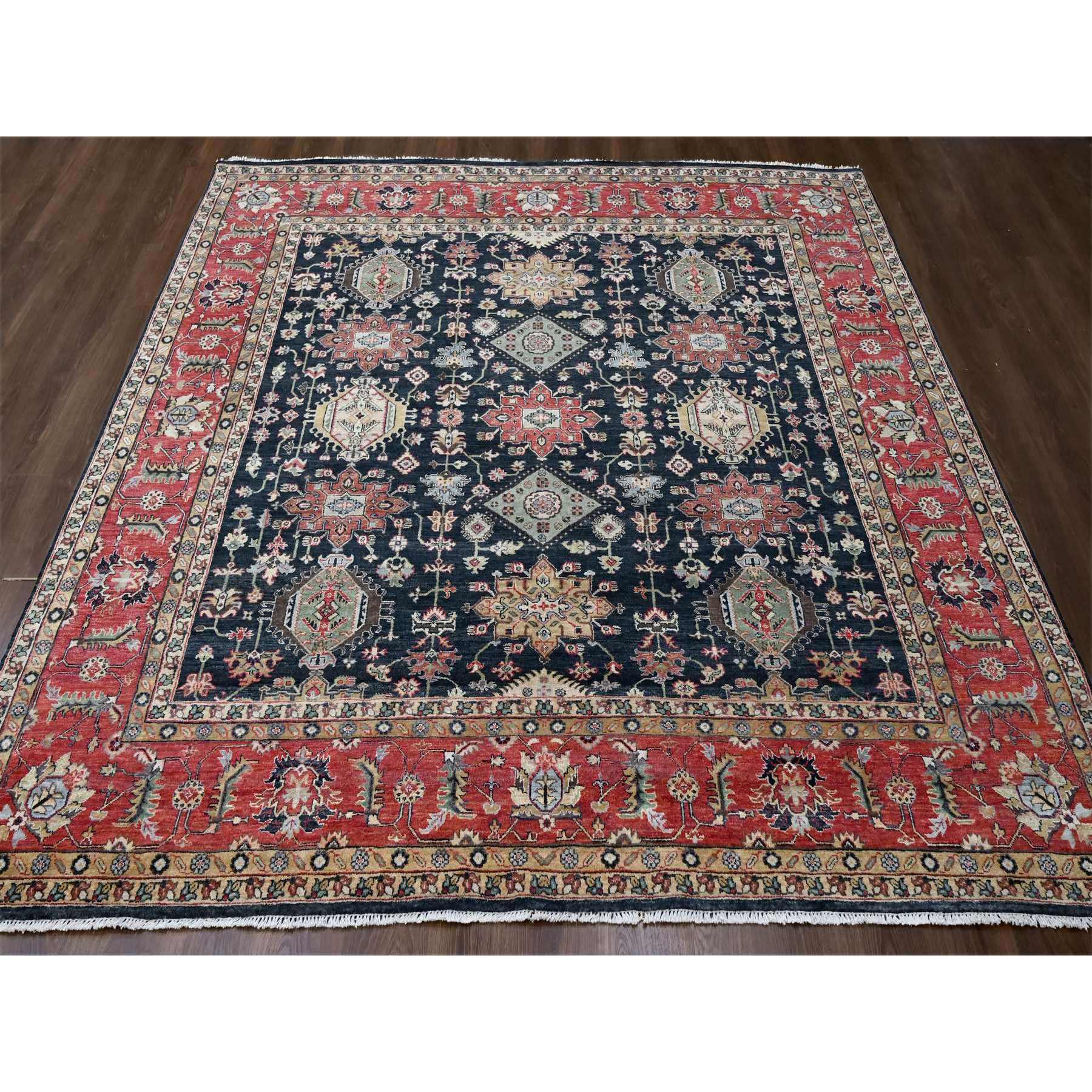 10'2"x10'2" Power Black, Hand Knotted, Karajeh Design with All Over Pattern, Vegetable Dyes, Soft Pile, 100% Wool, Square, Oriental Rug HR10023 - Image 2