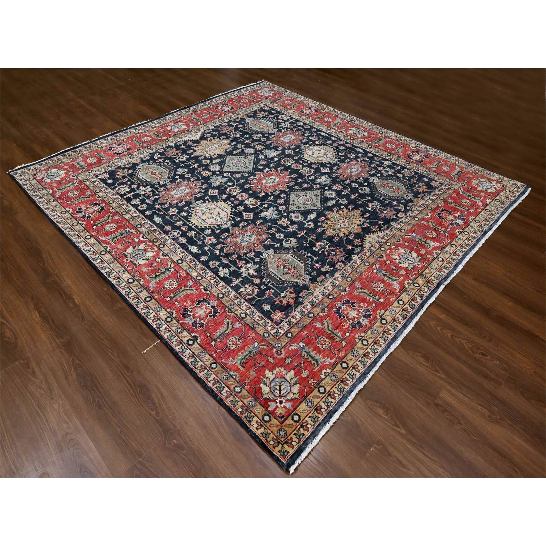 10'2"x10'2" Power Black, Hand Knotted, Karajeh Design with All Over Pattern, Vegetable Dyes, Soft Pile, 100% Wool, Square, Oriental Rug HR10023 - Image 3