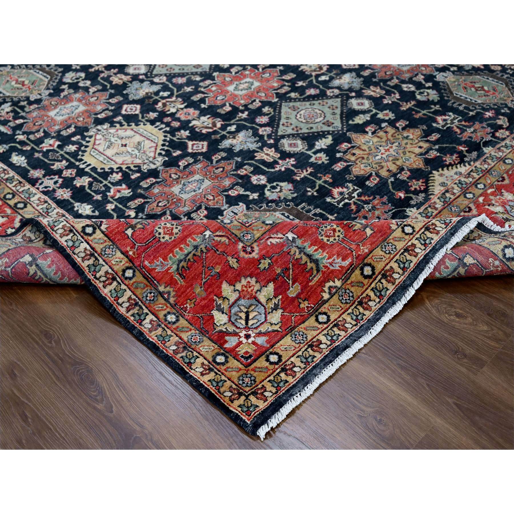 10'2"x10'2" Power Black, Hand Knotted, Karajeh Design with All Over Pattern, Vegetable Dyes, Soft Pile, 100% Wool, Square, Oriental Rug HR10023 - Image 6