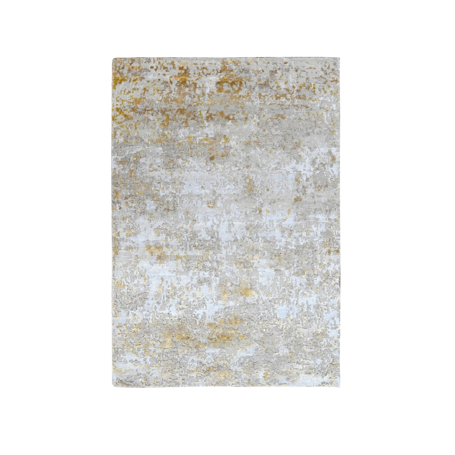 4'x5'9" Pastel Gray with Touches of Gold, Hi-Low Pile, Abstract Design, Wool and Silk, Hand Knotted, Oriental Rug HR10055