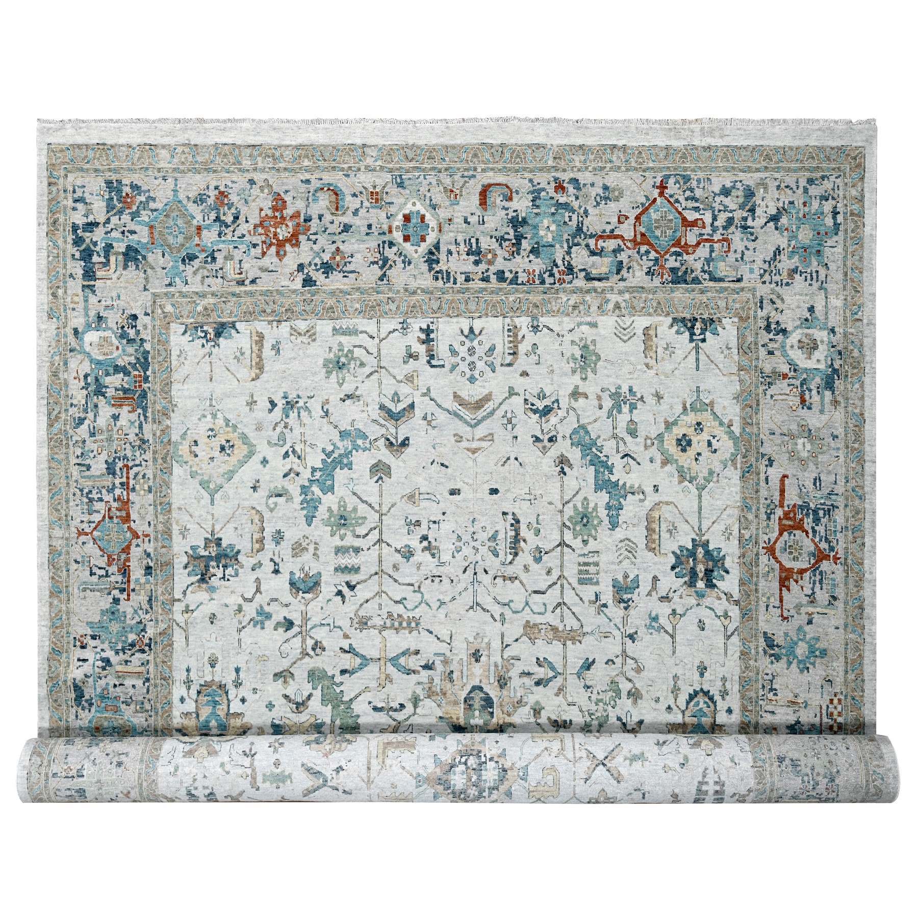 11'10"x15' Marian Blue, Broken and Erased Persian Heriz Design, Natural Wool, Soft Color Pallet, Hand Knotted, Densely Woven, Oversized, Oriental Rug HR10061