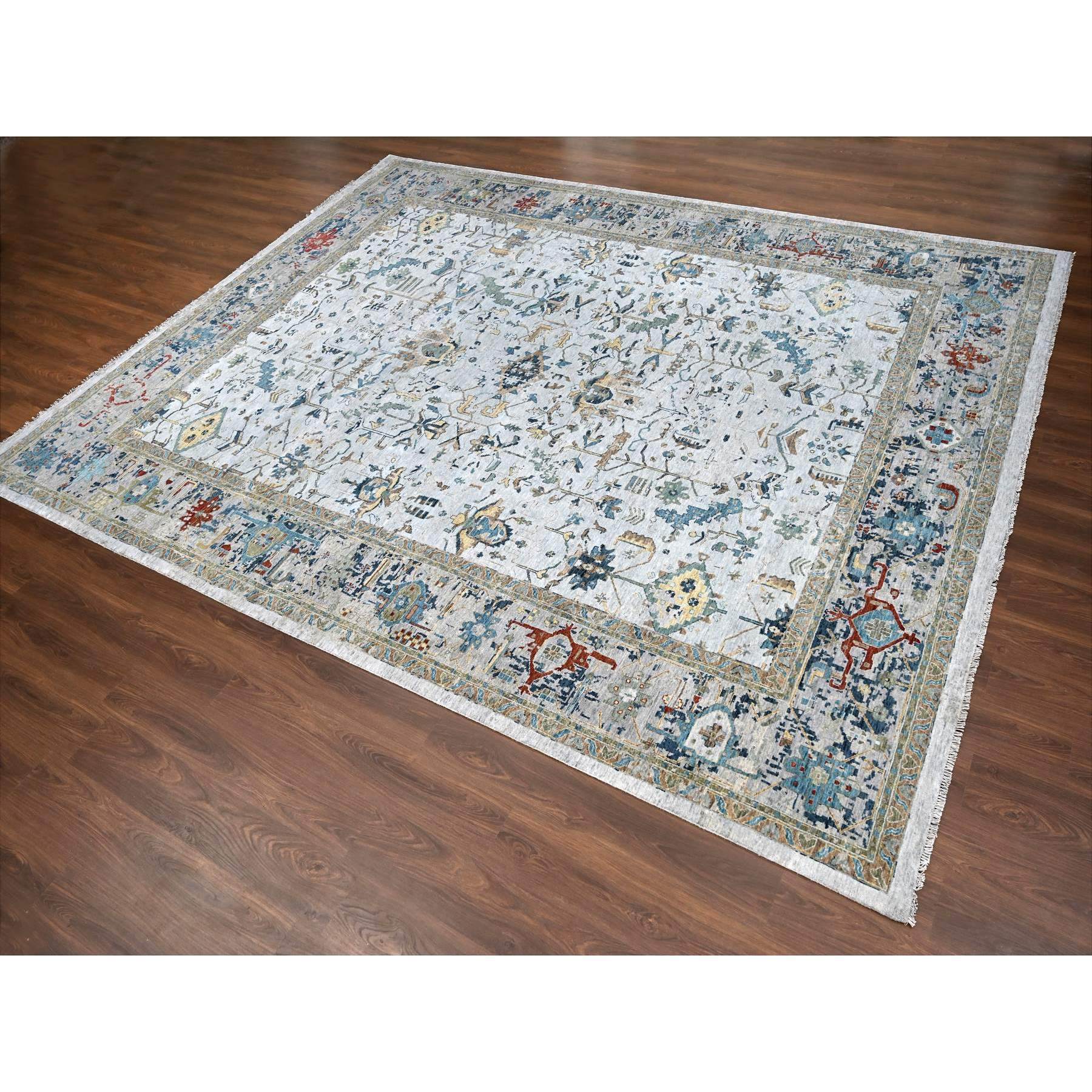 11'10"x15' Marian Blue, Broken and Erased Persian Heriz Design, Natural Wool, Soft Color Pallet, Hand Knotted, Densely Woven, Oversized, Oriental Rug HR10061 - Image 3