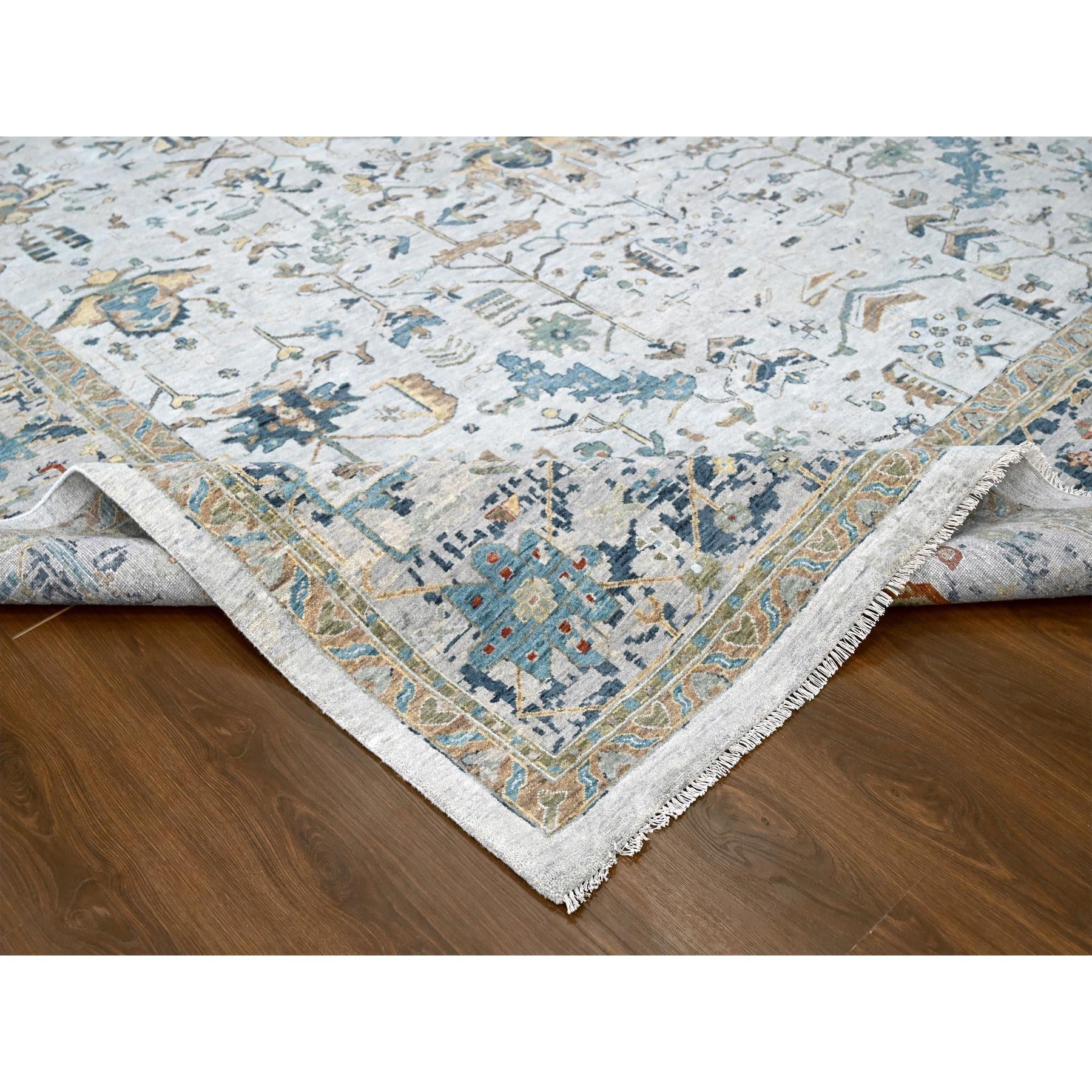 11'10"x15' Marian Blue, Broken and Erased Persian Heriz Design, Natural Wool, Soft Color Pallet, Hand Knotted, Densely Woven, Oversized, Oriental Rug HR10061 - Image 6