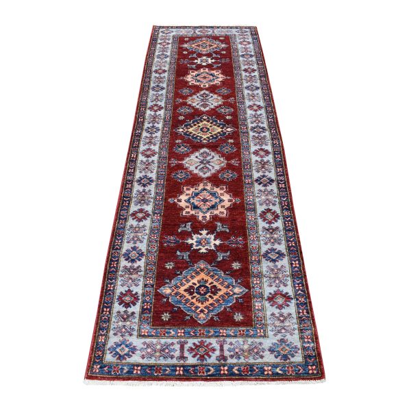 2'7"x8'6" Red Hand-Knotted Geometric Design Super Kazak Pure Wool Oriental Runner Rug HR55536