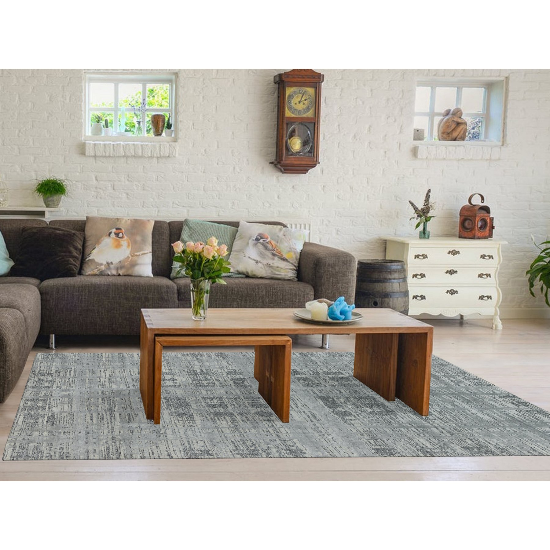 8'x10' Ash Gray, Hand Spun Undyed, Natural Wool, Modern, Hand Knotted, Oriental Square Rug HR65945 - Image 2