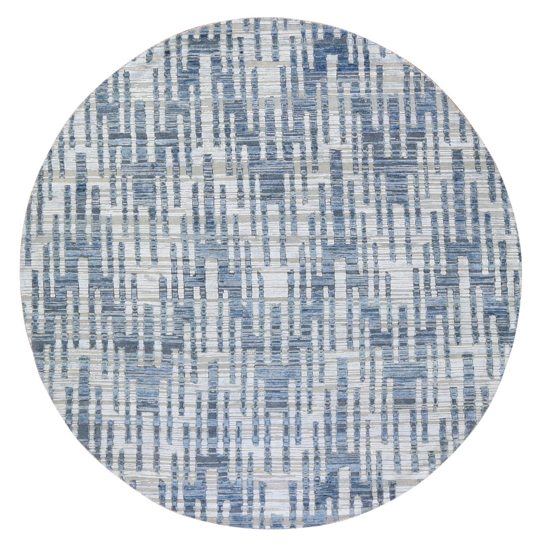 8'1"x8'1" Hand Knotted Blue Pure Silk and Textured Wool Zigzag with Graph Design Round Oriental Rug HR66378
