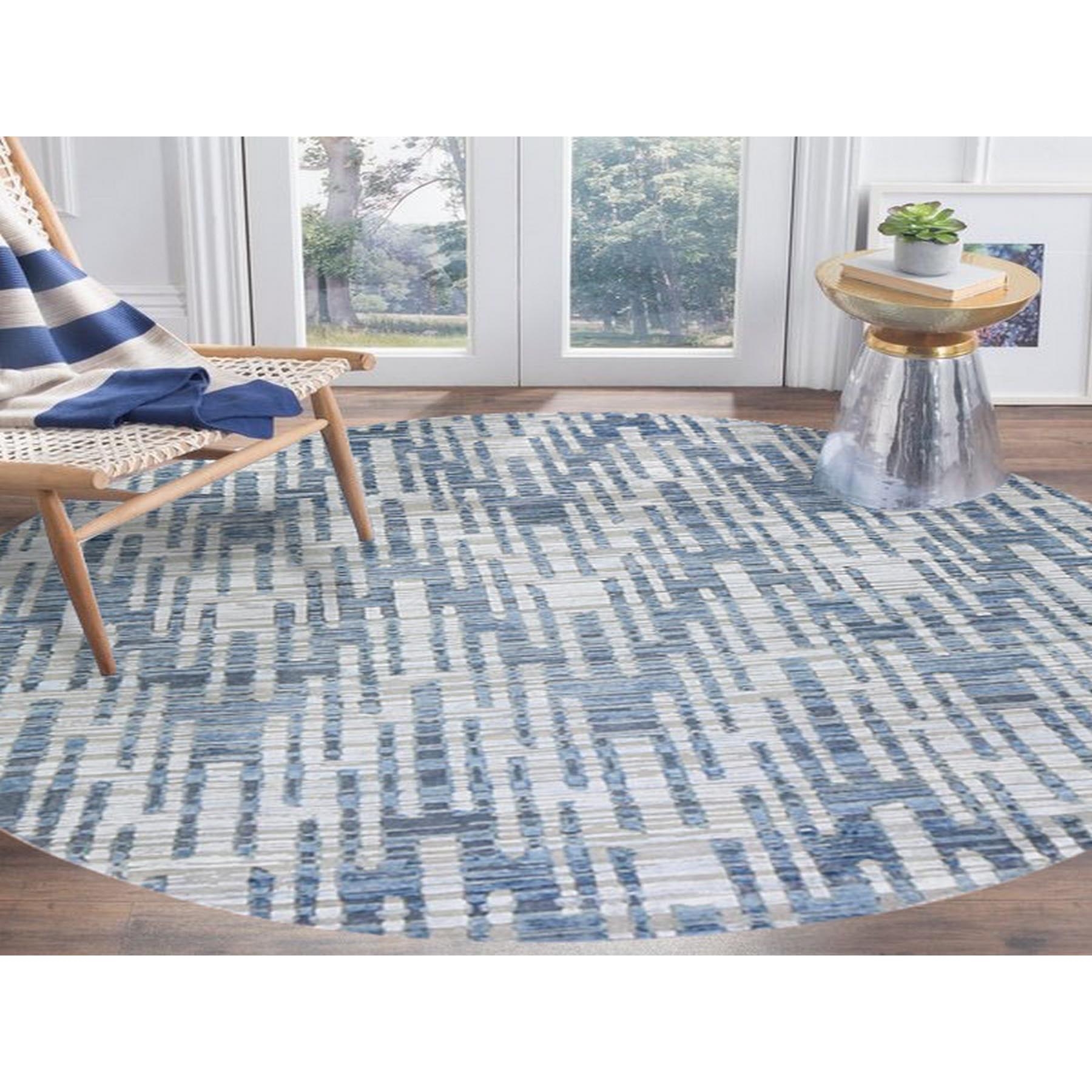 8'1"x8'1" Hand Knotted Blue Pure Silk and Textured Wool Zigzag with Graph Design Round Oriental Rug HR66378 - Image 2