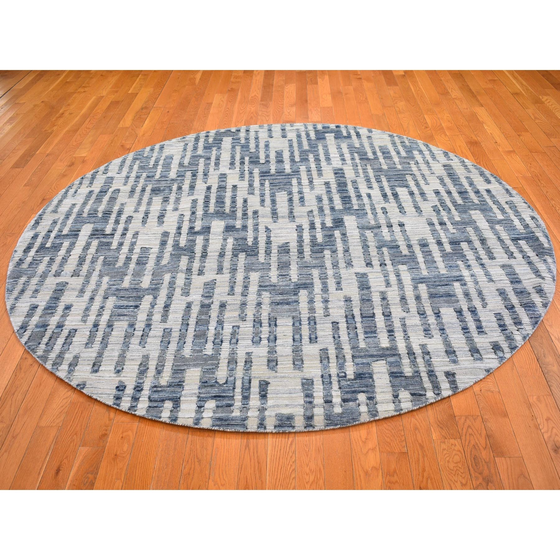 8'1"x8'1" Hand Knotted Blue Pure Silk and Textured Wool Zigzag with Graph Design Round Oriental Rug HR66378 - Image 3