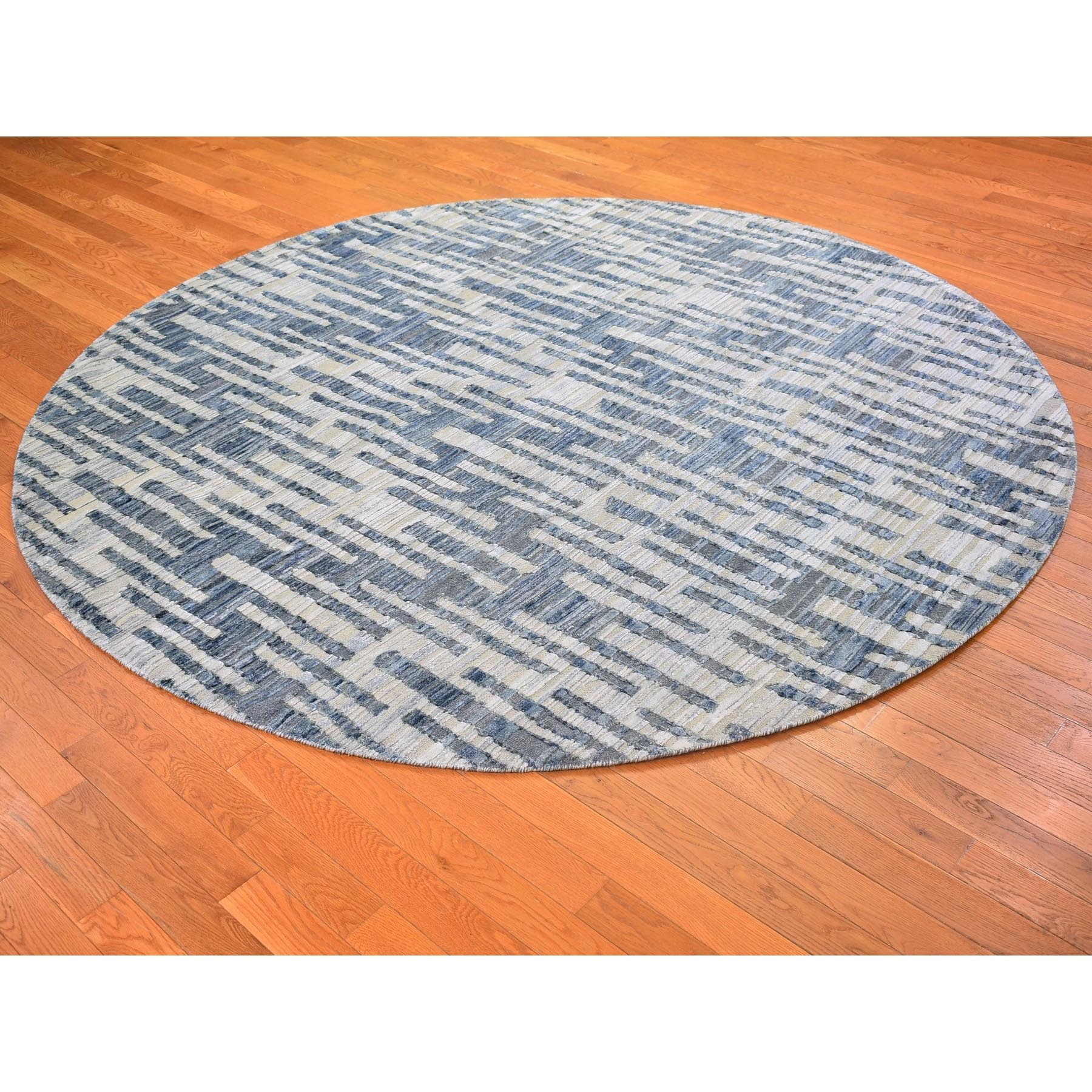 8'1"x8'1" Hand Knotted Blue Pure Silk and Textured Wool Zigzag with Graph Design Round Oriental Rug HR66378 - Image 4