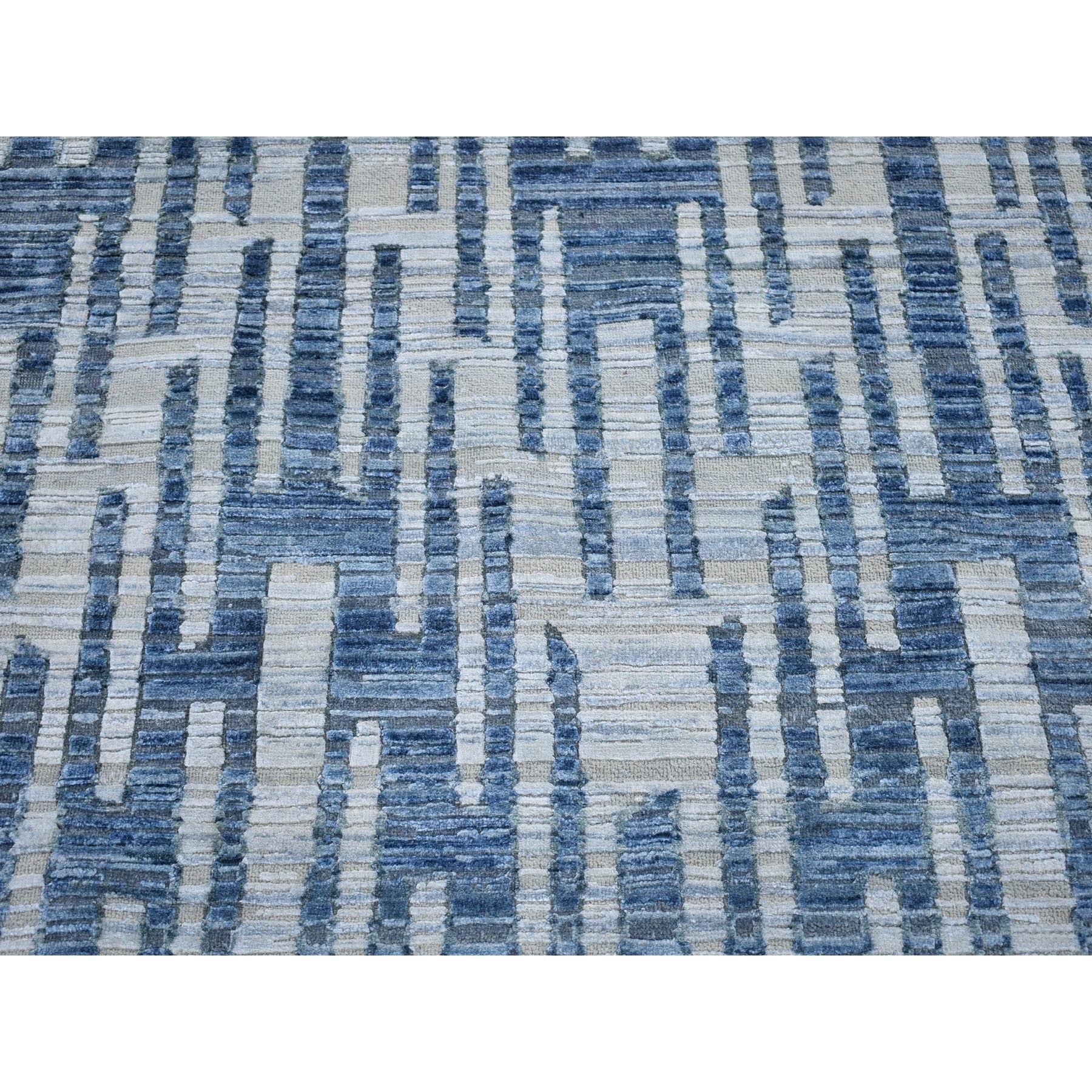 8'1"x8'1" Hand Knotted Blue Pure Silk and Textured Wool Zigzag with Graph Design Round Oriental Rug HR66378 - Image 5