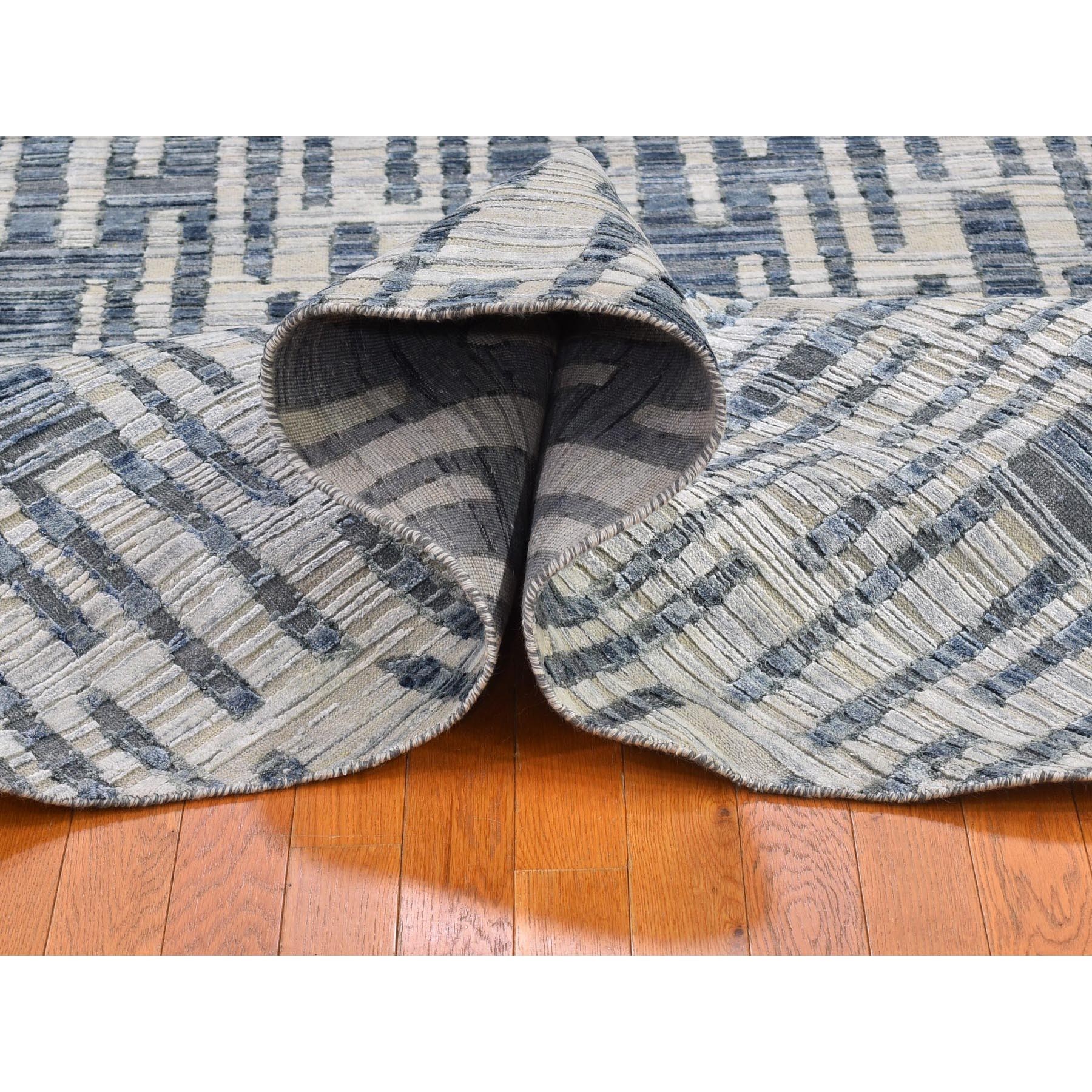 8'1"x8'1" Hand Knotted Blue Pure Silk and Textured Wool Zigzag with Graph Design Round Oriental Rug HR66378 - Image 6