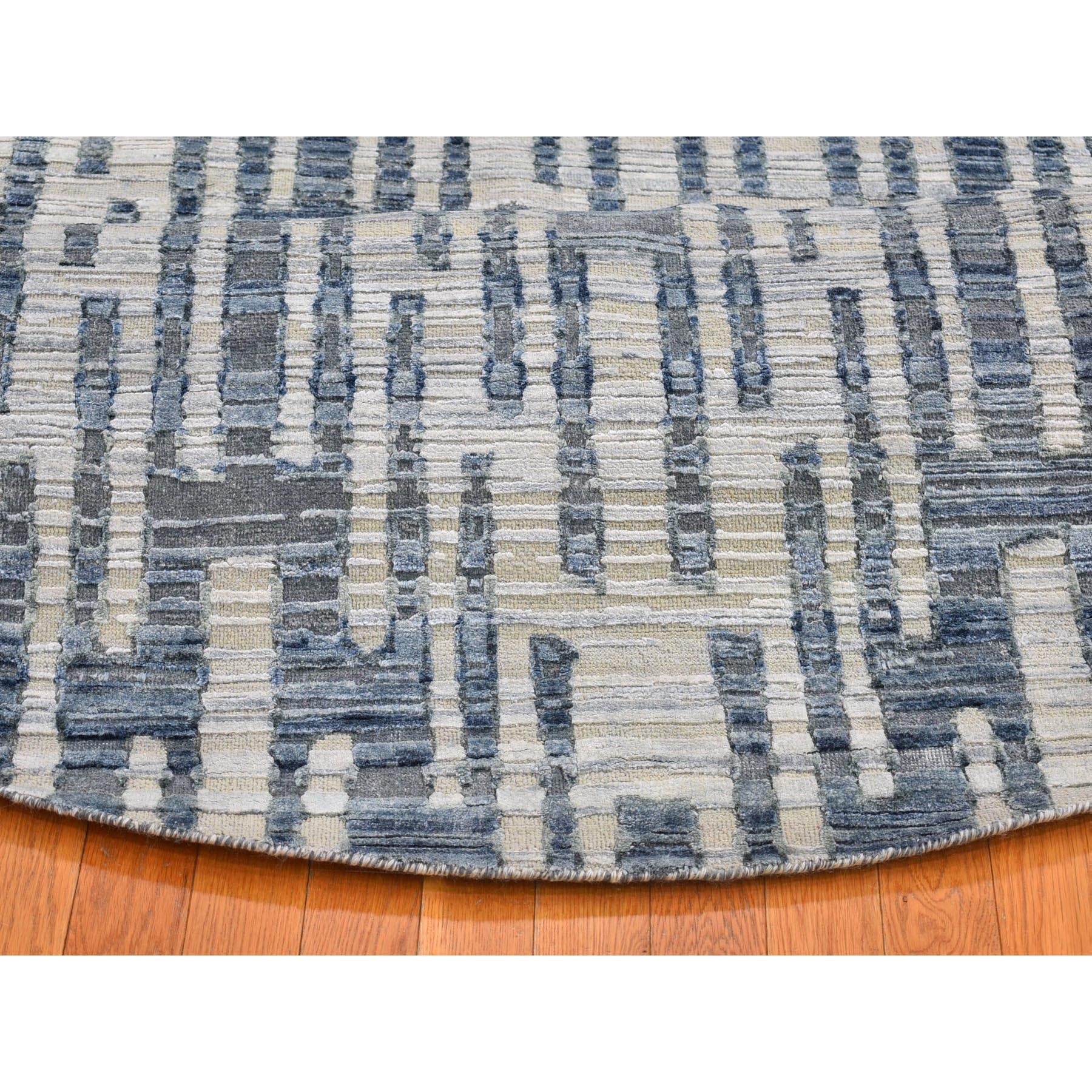 8'1"x8'1" Hand Knotted Blue Pure Silk and Textured Wool Zigzag with Graph Design Round Oriental Rug HR66378 - Image 7