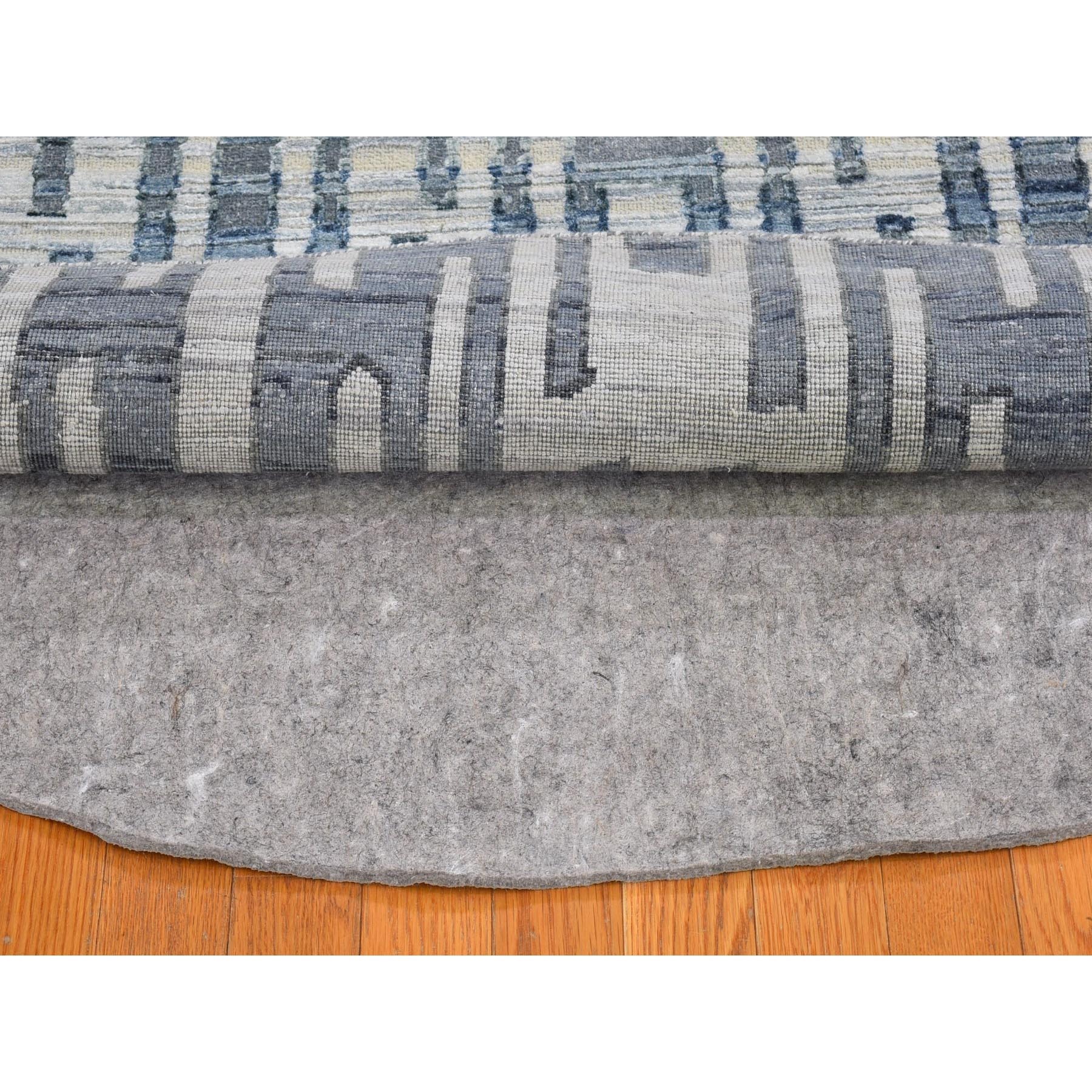 8'1"x8'1" Hand Knotted Blue Pure Silk and Textured Wool Zigzag with Graph Design Round Oriental Rug HR66378 - Image 9