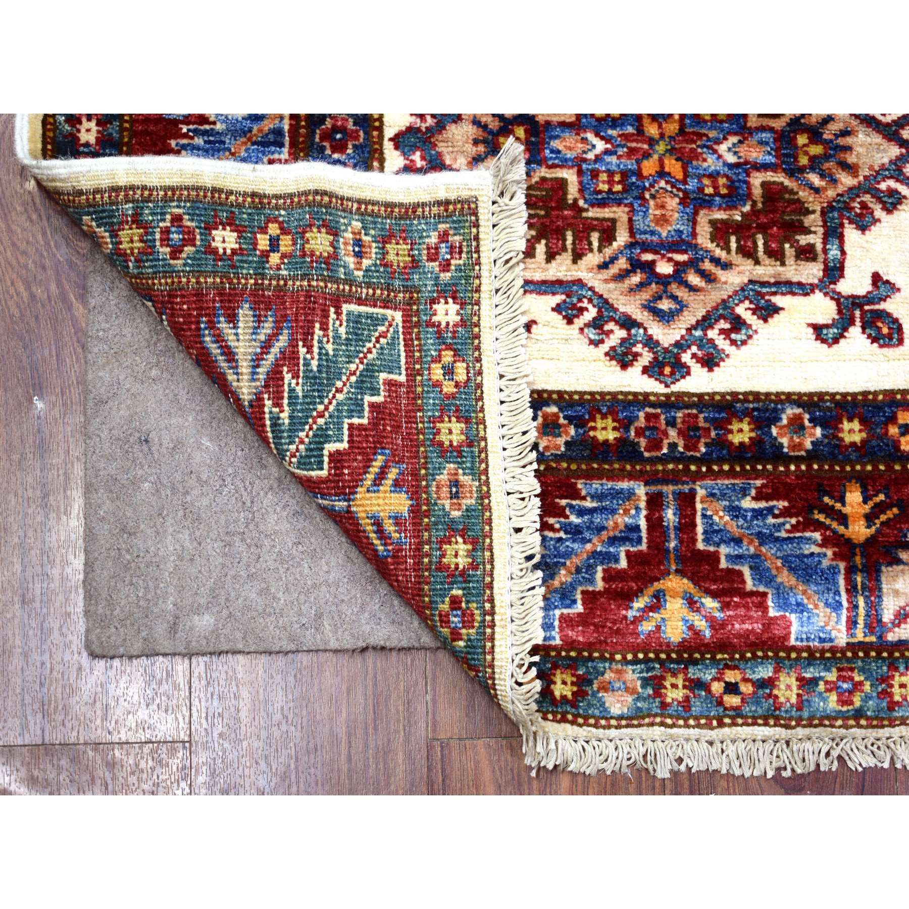 2'9"x8'6" Ivory Soft Wool Hand Knotted, Afghan Super Kazak, Natural Dyes Densely Woven, Runner Oriental Rug HR72053 - Image 2