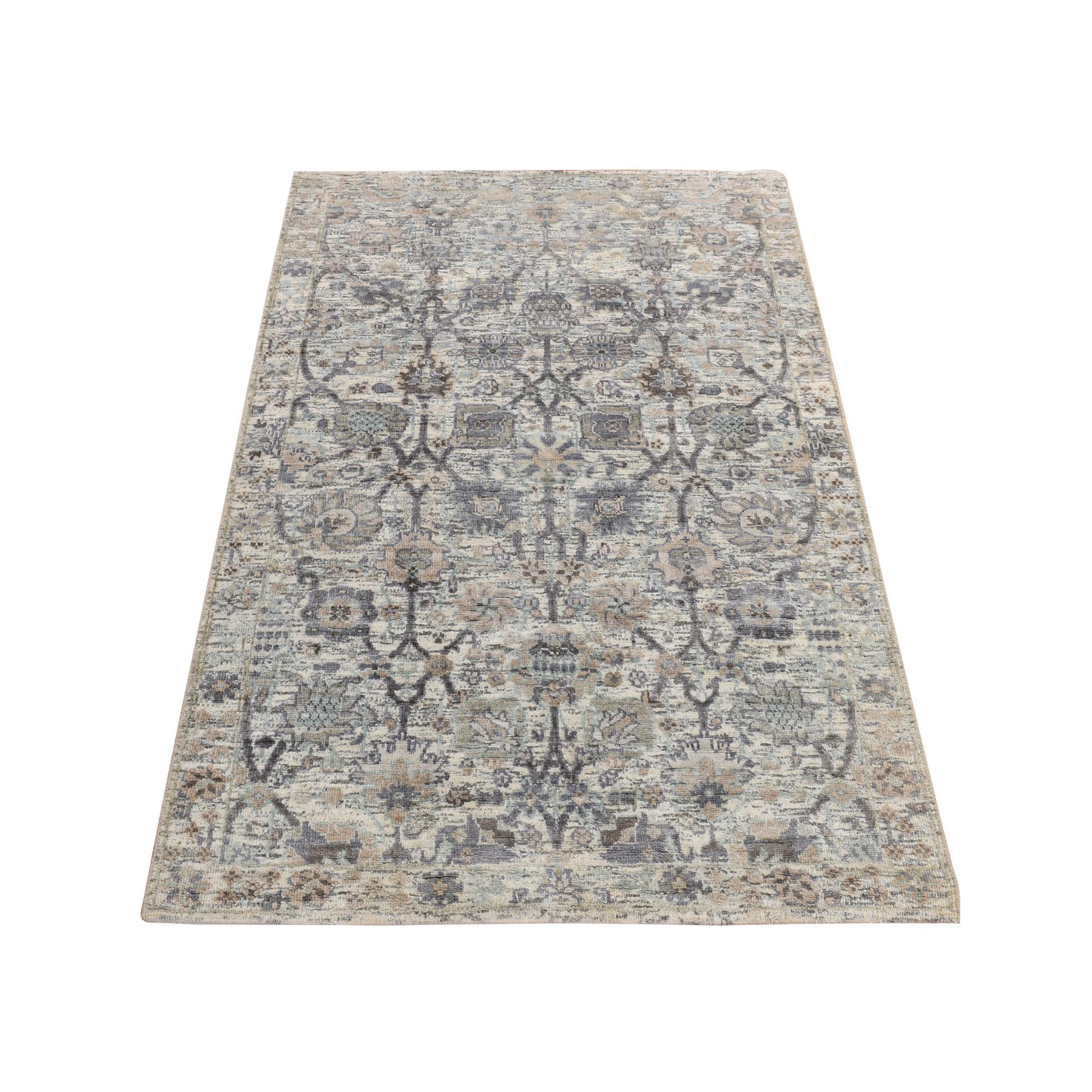 3'x5'2" Parchment White, Silk with Textured Wool, Tabriz Vase Design, Hand Knotted, Oriental Rug HR78244