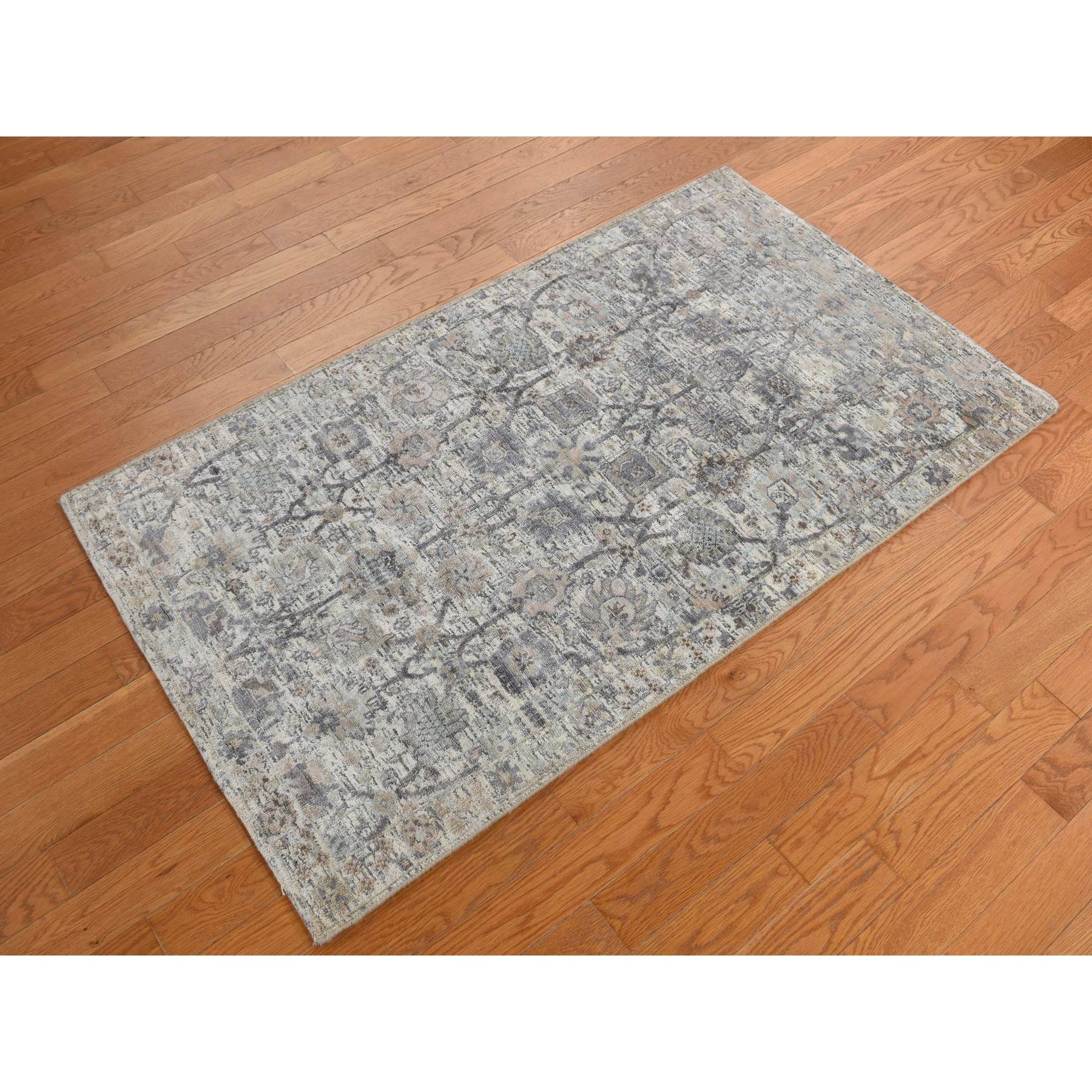 3'x5'2" Parchment White, Silk with Textured Wool, Tabriz Vase Design, Hand Knotted, Oriental Rug HR78244 - Image 2