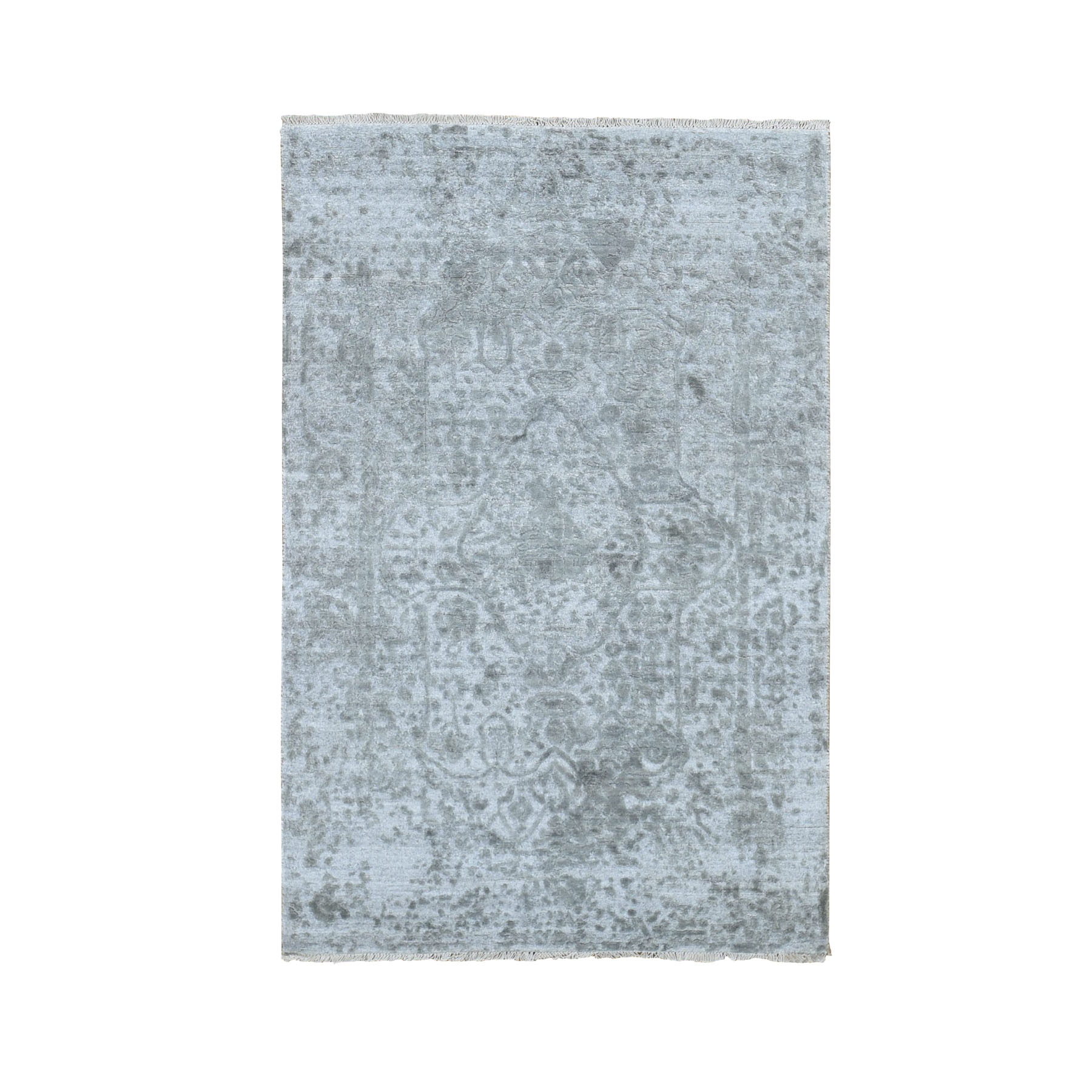 3'2"x5'1" Cloud Gray, Broken Persian Design, Hand Knotted, Wool and Pure Silk, Oriental Rug HR78268