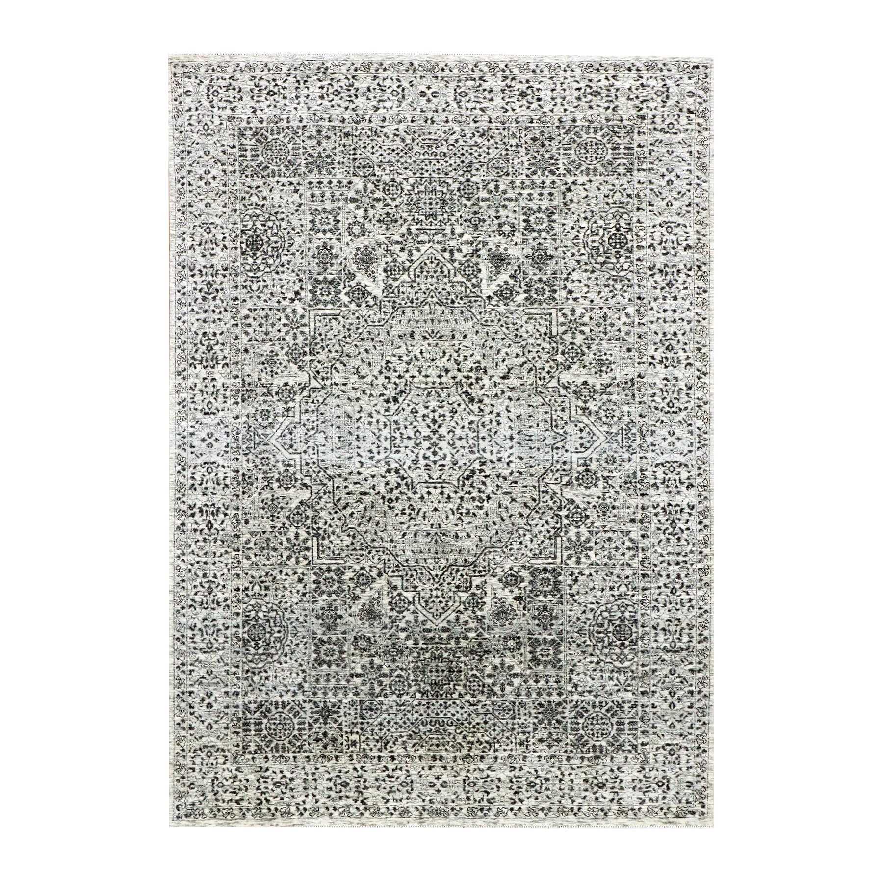 6'1"x9'3" Ghost White, Hand Knotted, Mamluk Dynasty, Tone on Tone Design, Undyed 100% Wool, Oriental Rug HR79473