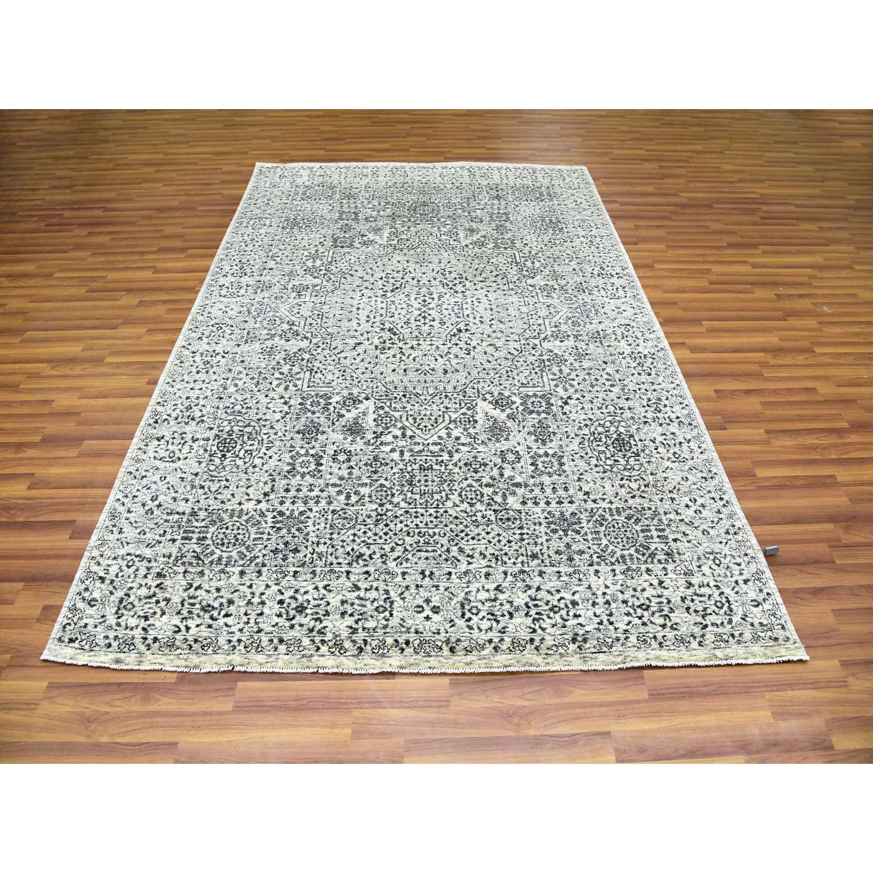 6'1"x9'3" Ghost White, Hand Knotted, Mamluk Dynasty, Tone on Tone Design, Undyed 100% Wool, Oriental Rug HR79473 - Image 2