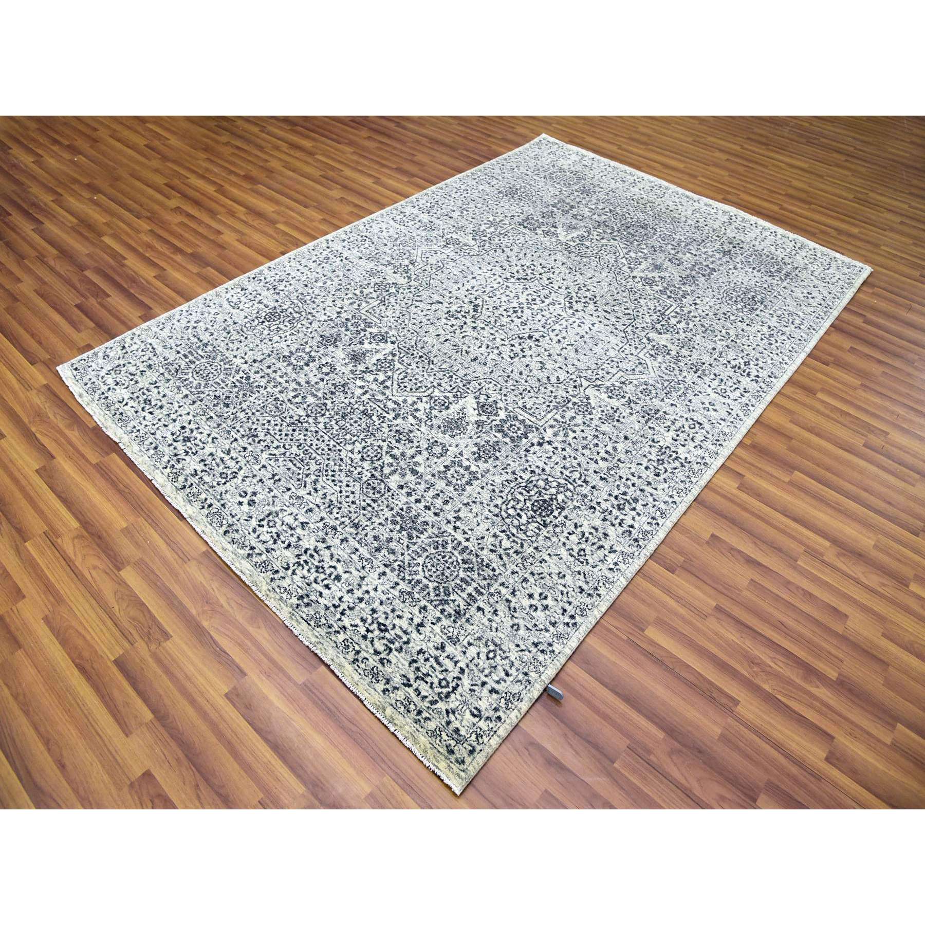 6'1"x9'3" Ghost White, Hand Knotted, Mamluk Dynasty, Tone on Tone Design, Undyed 100% Wool, Oriental Rug HR79473 - Image 3